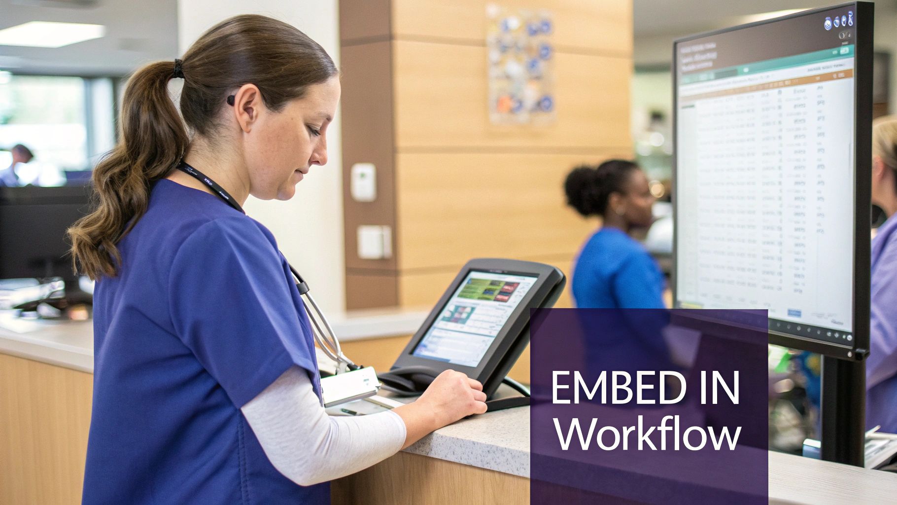 A nurse in blue scrubs reviews information on a tablet at a counter in a medical setting.