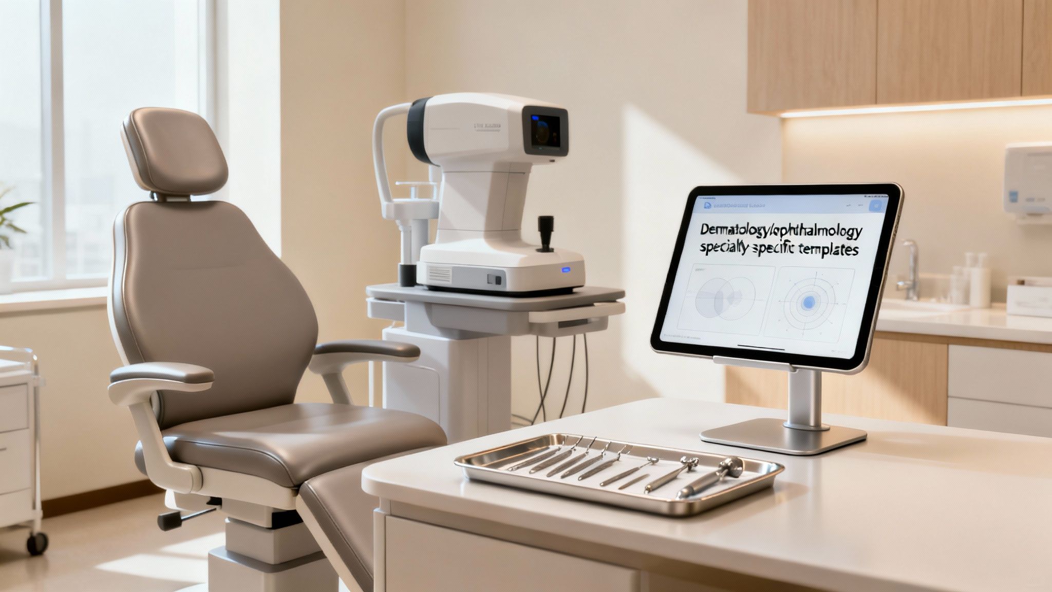 A modern ophthalmology exam room with an eye machine, patient chair, and a tablet displaying medical templates.