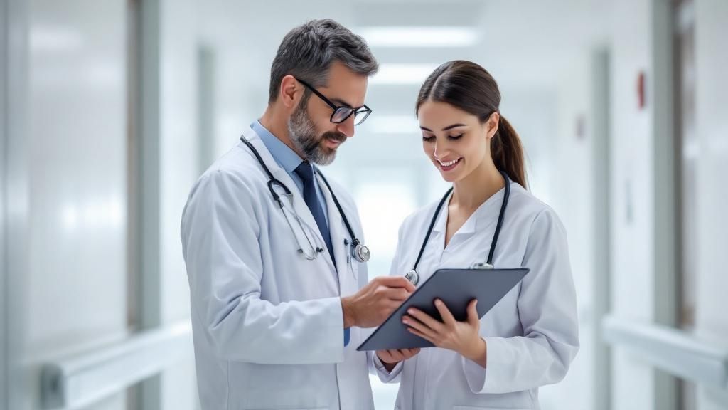 A diverse group of healthcare professionals collaborating around a table, engaged in a discussion.