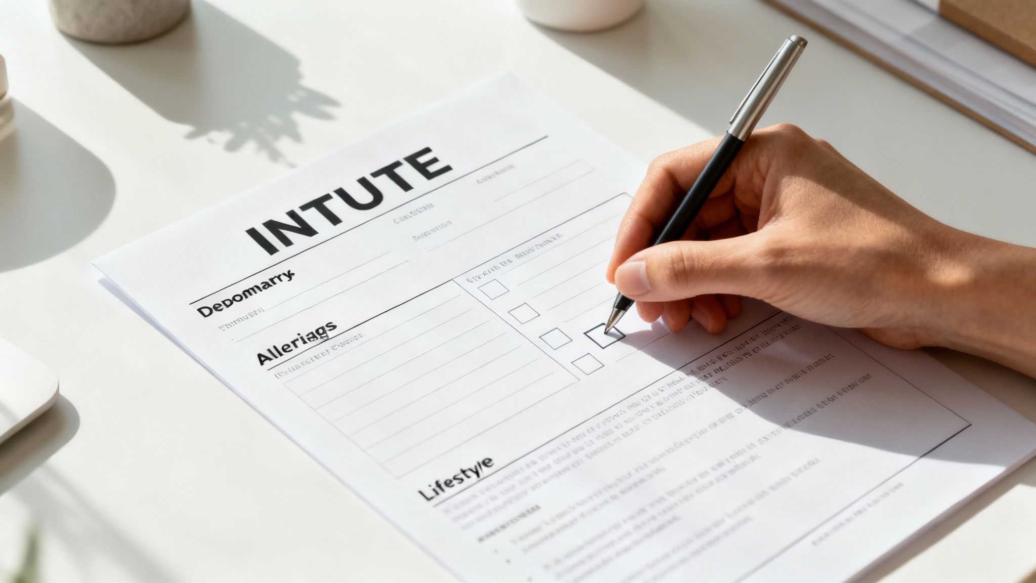A patient filling out a medical history form on a tablet in a modern, clean waiting room.