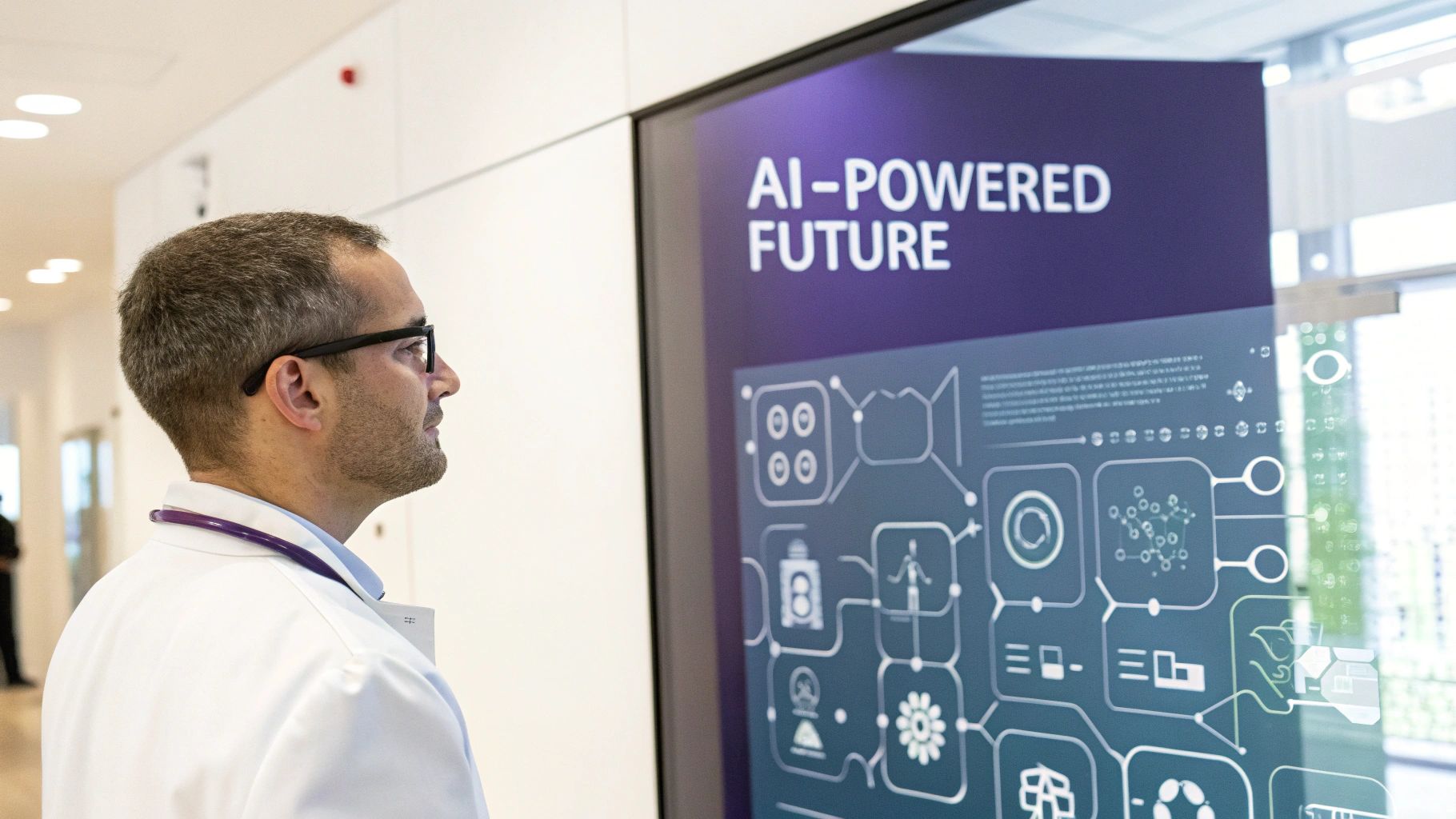 A man in a white lab coat and glasses views a large screen displaying 'AI-POWERED FUTURE' and a tech flowchart.