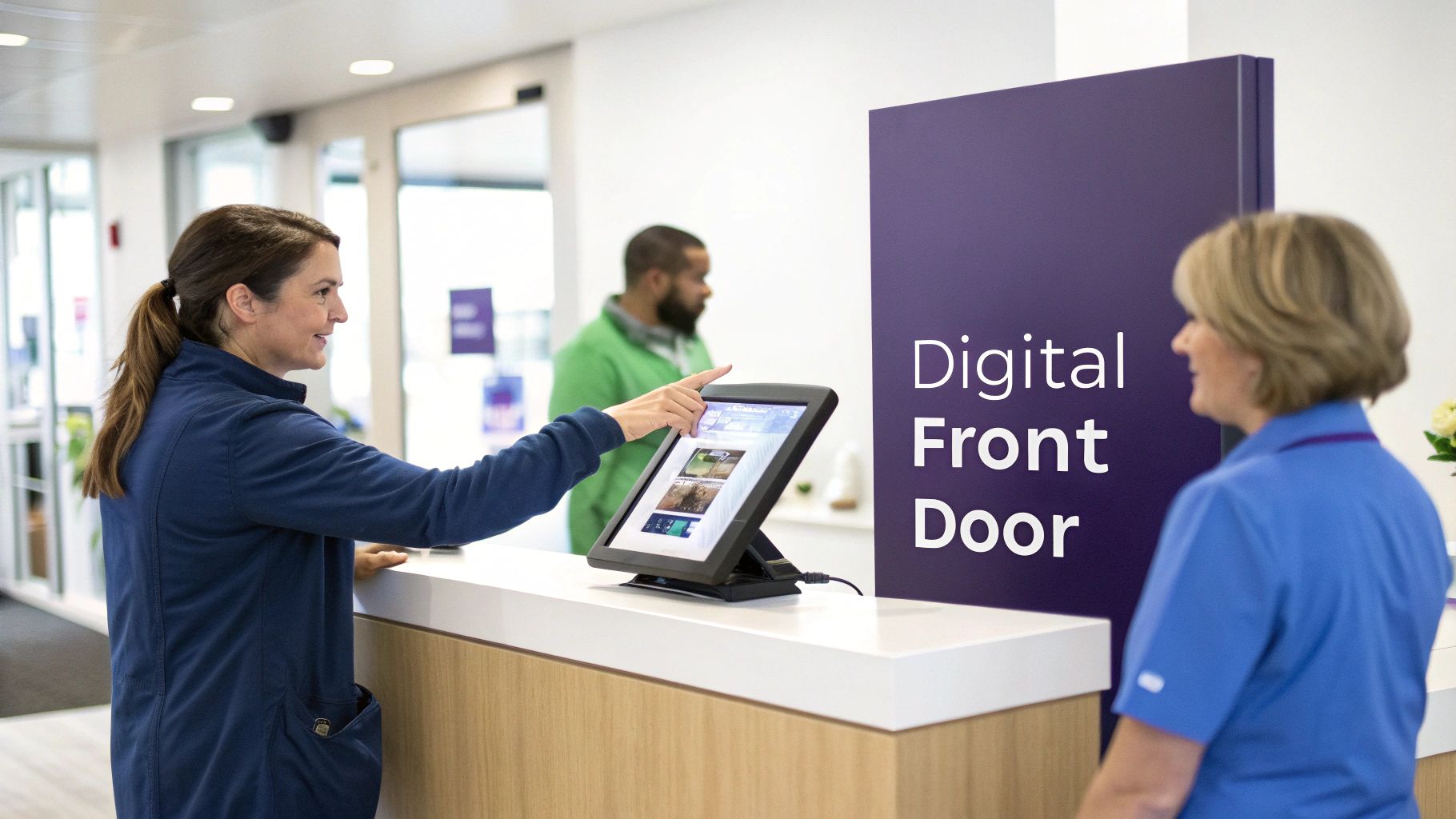 A woman interacts with a digital check-in tablet at a counter, with a 'Digital Front Door' sign nearby.