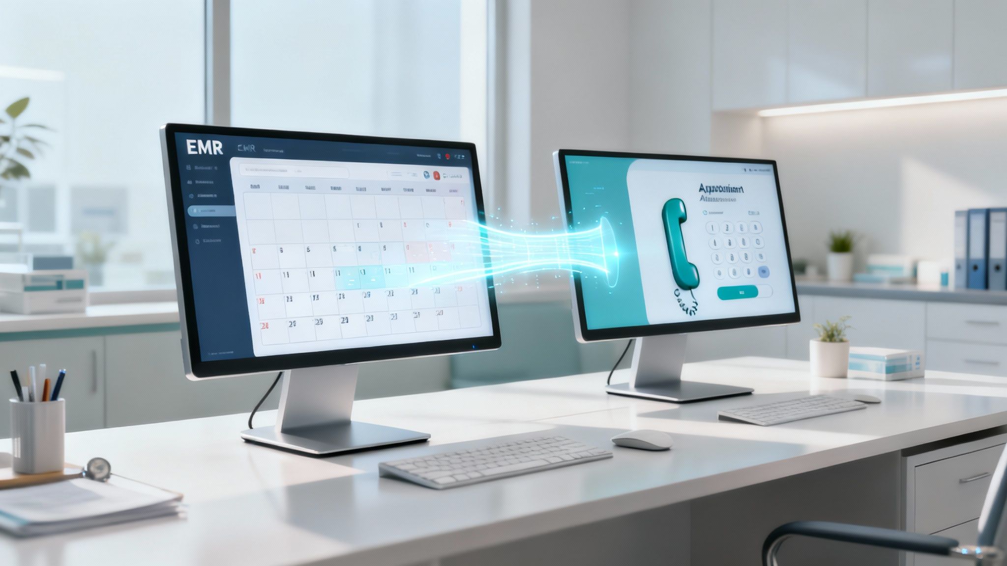 Two computer monitors on a modern medical office desk displaying EMR and virtual receptionist integration.
