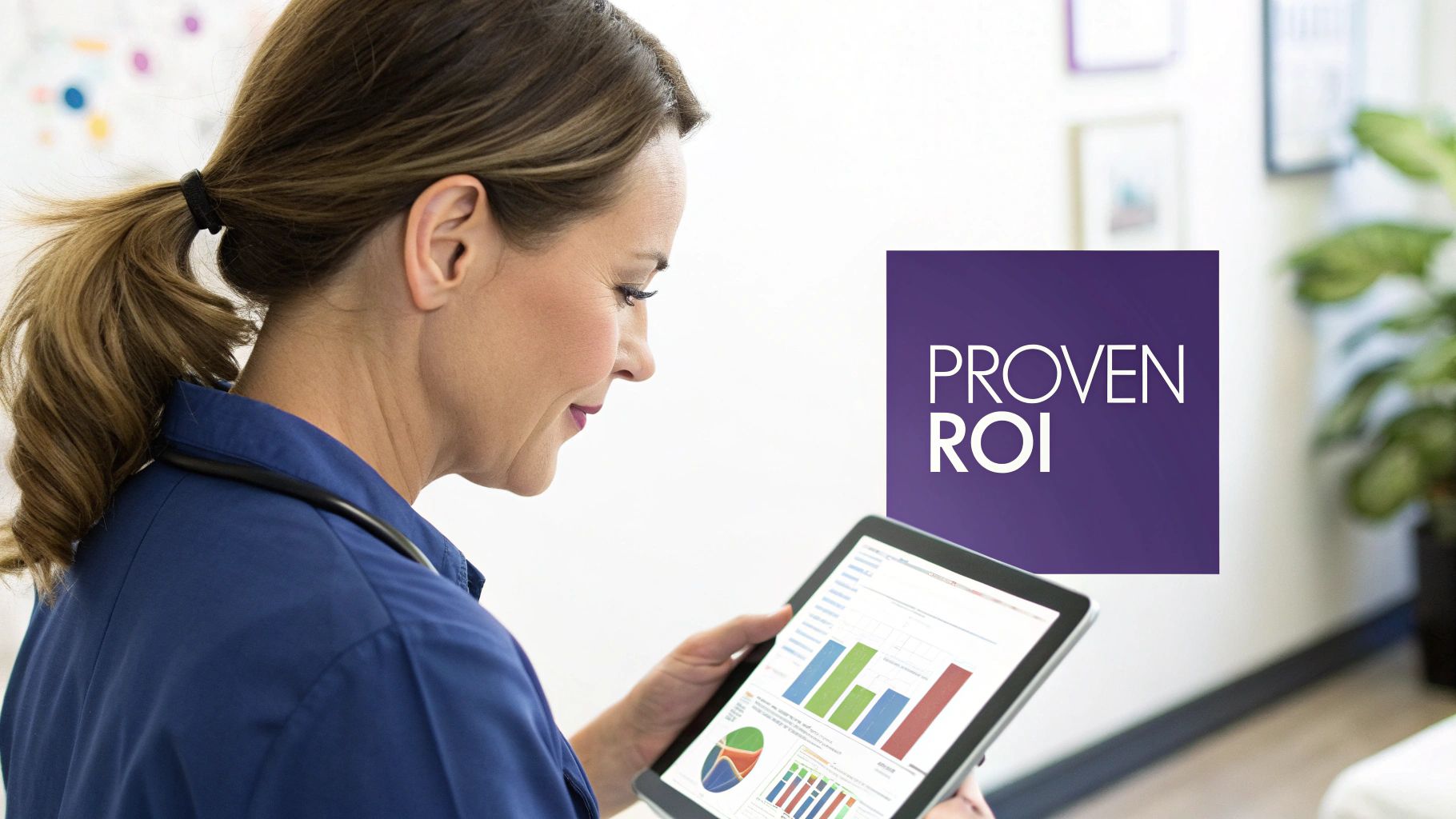 A healthcare professional in blue scrubs reviews data charts on a tablet, with a 'PROVEN ROI' graphic.