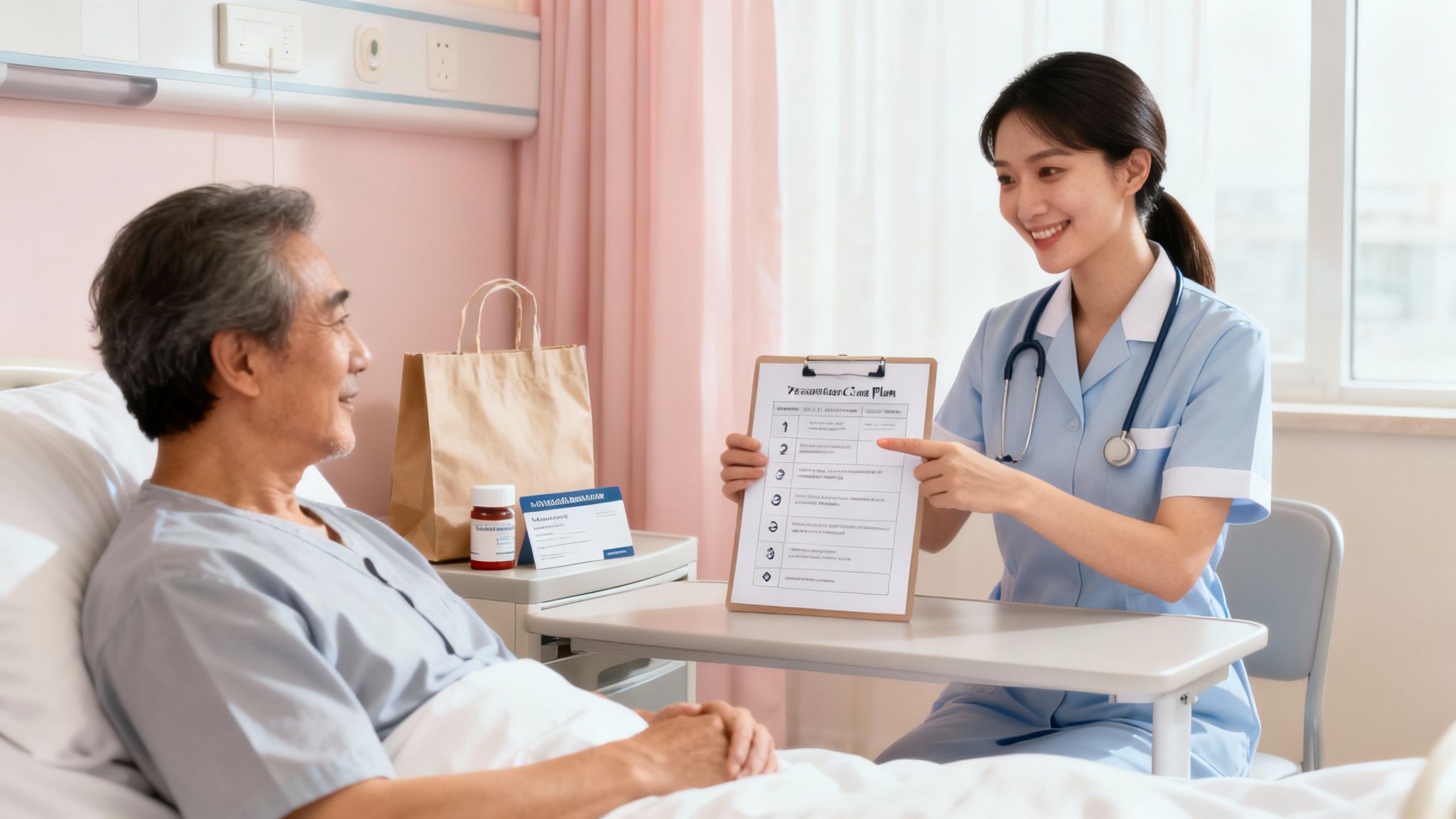 Healthcare nurse explaining personalized care plan to elderly patient in hospital room