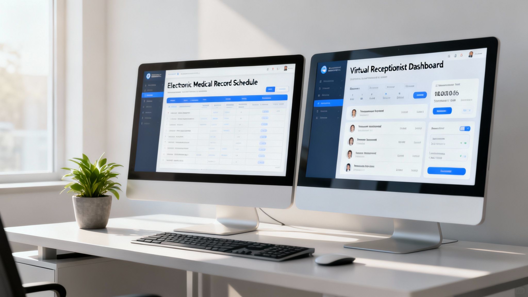 Two desktop monitors displaying medical record schedules and a virtual receptionist dashboard in a bright office.