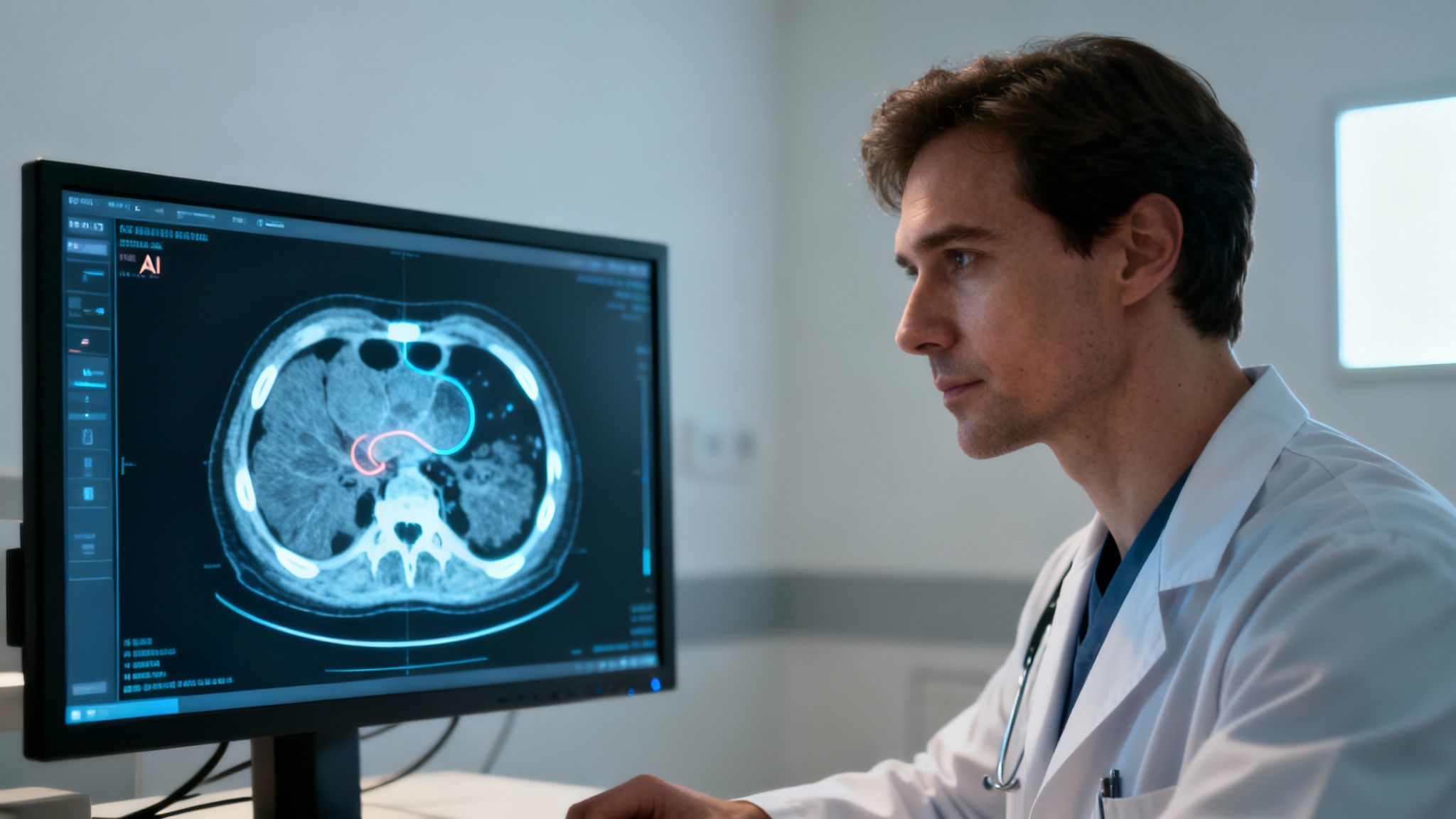 A doctor reviews a complex medical scan on a large screen, with AI-generated highlights pointing out potential anomalies to investigate.