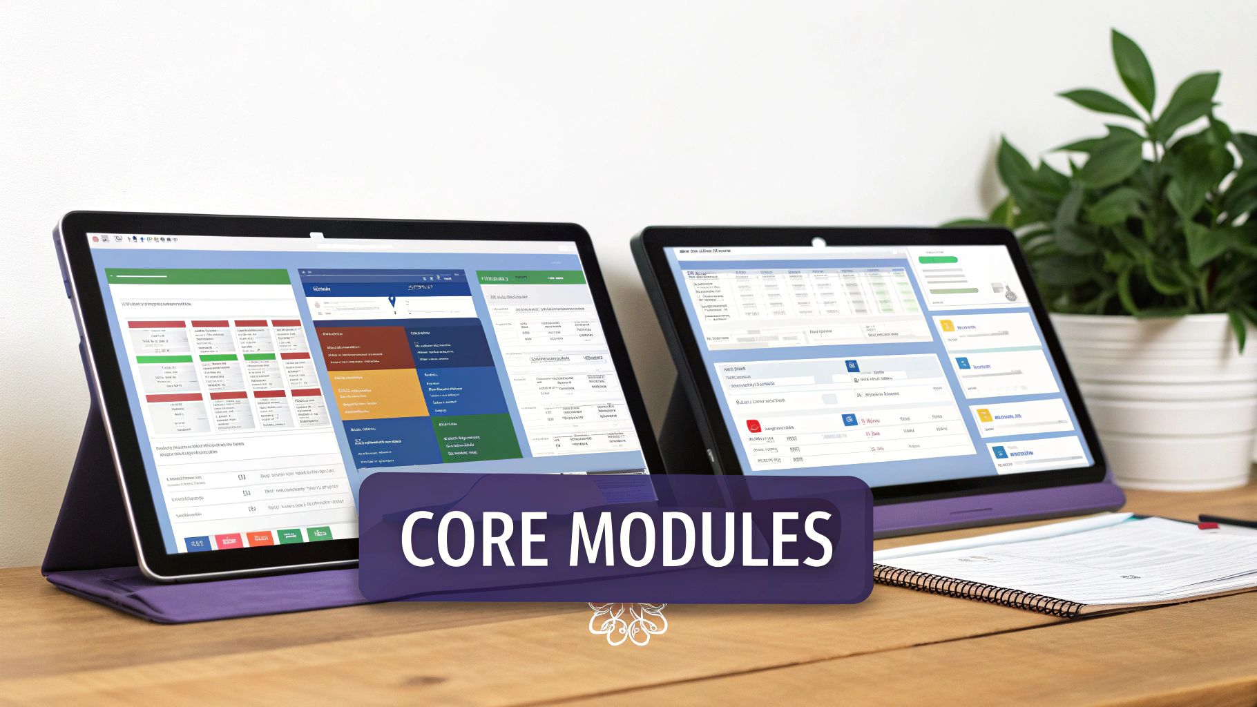 Two tablets on a wooden desk displaying core modules of hospital administration software.