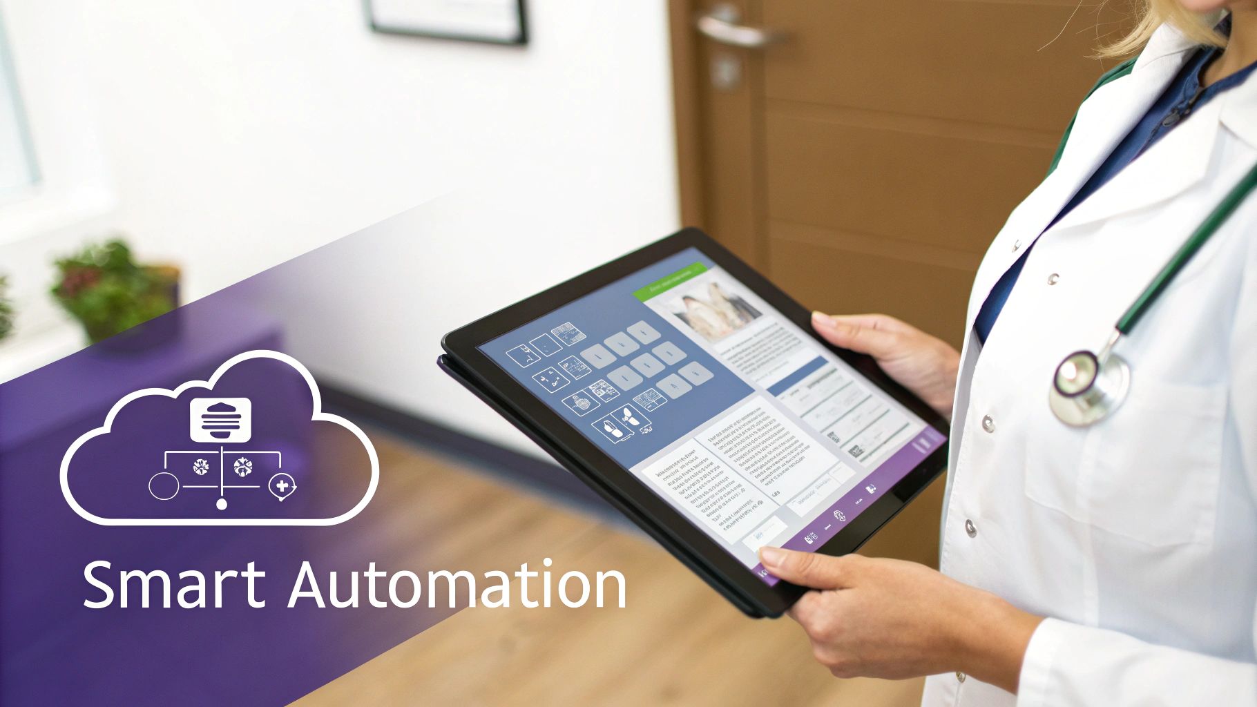 A doctor in a white coat uses a tablet displaying medical data and a smart automation graphic.