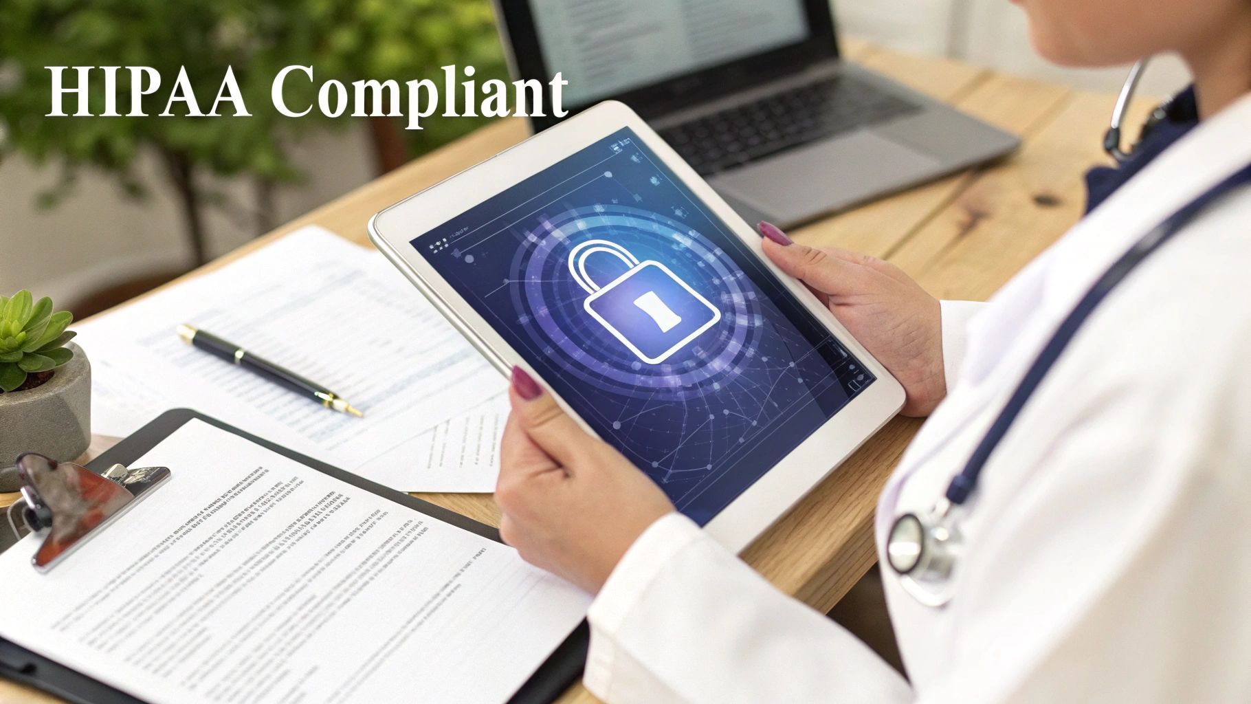 Doctor holds a tablet displaying a security lock, signifying HIPAA compliant healthcare data protection.
