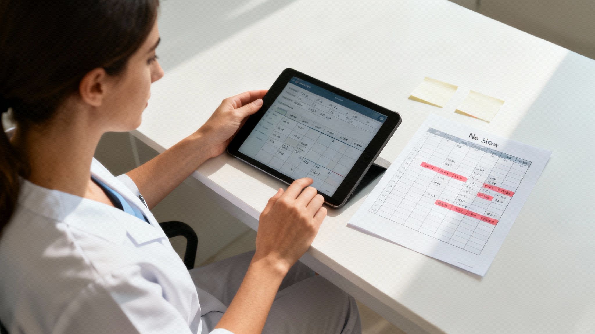 A healthcare professional analyzing patient appointment data on a tablet.