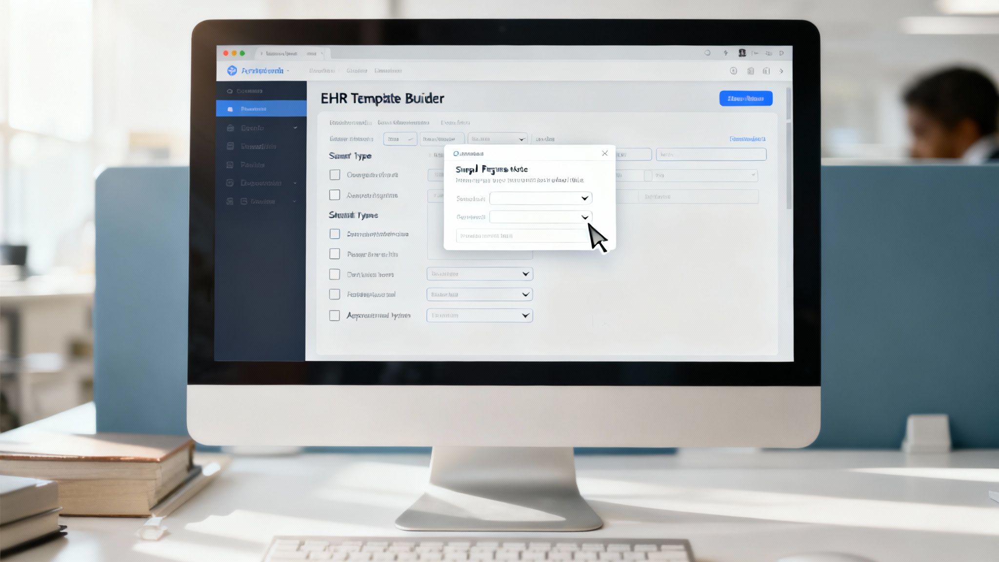 A clinician using a tablet to access an Electronic Health Record system, demonstrating the integration of a progress note template.