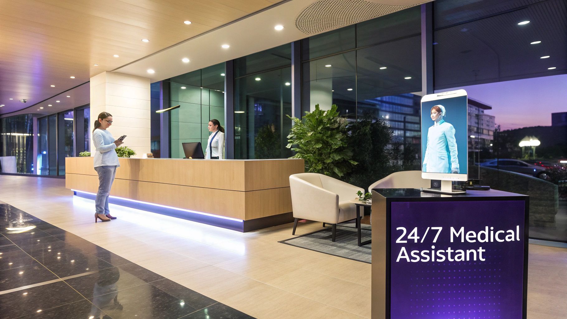 A woman uses her phone at a modern reception desk with a 24/7 Medical Assistant display.