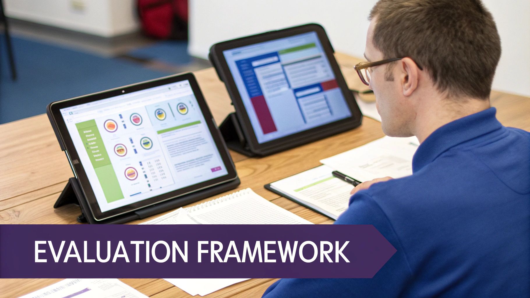 A man reviews data on two tablets and documents, demonstrating an evaluation framework.