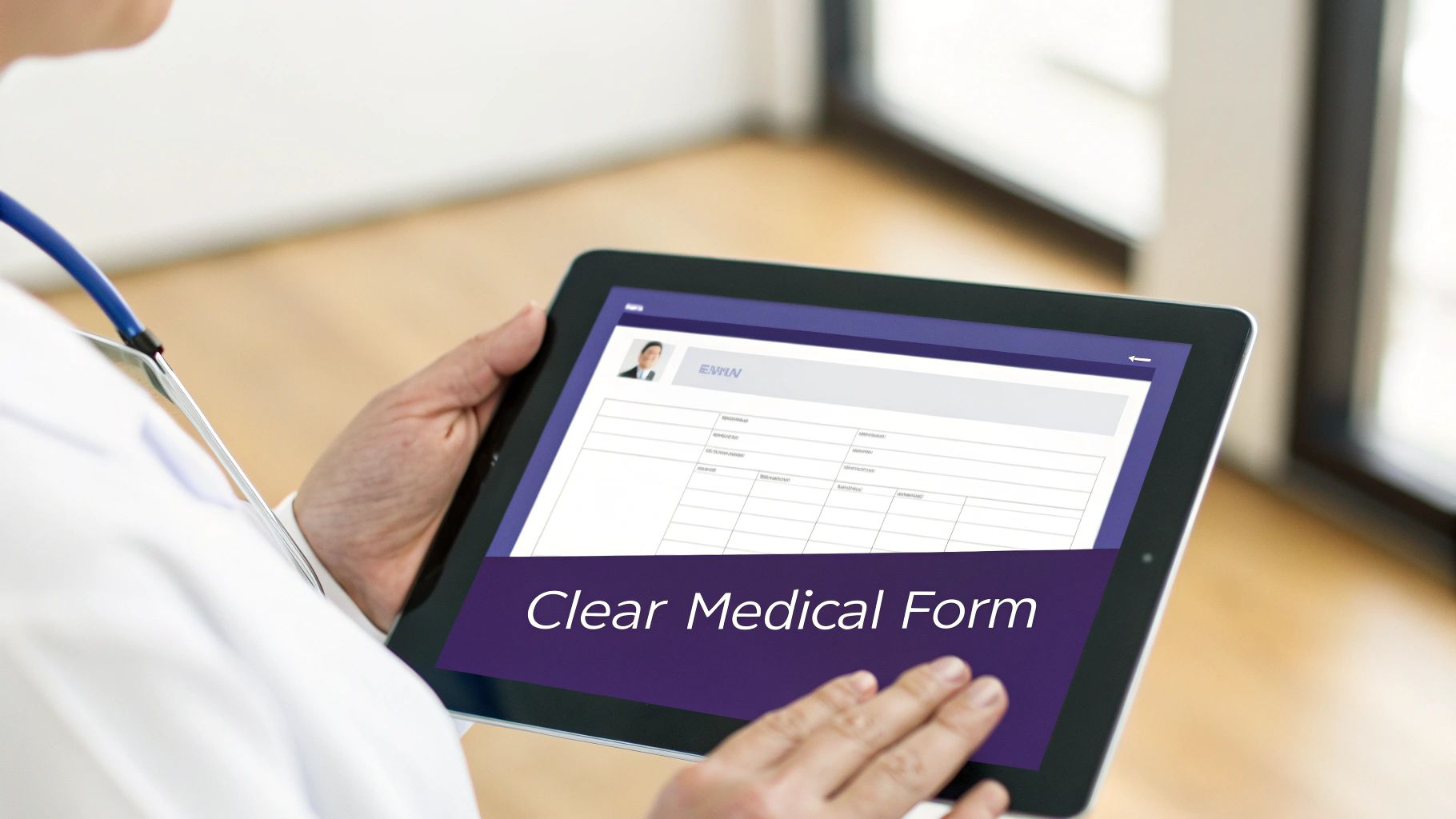 A doctor reviews a digital medical clearance form on a tablet, with a stethoscope visible.