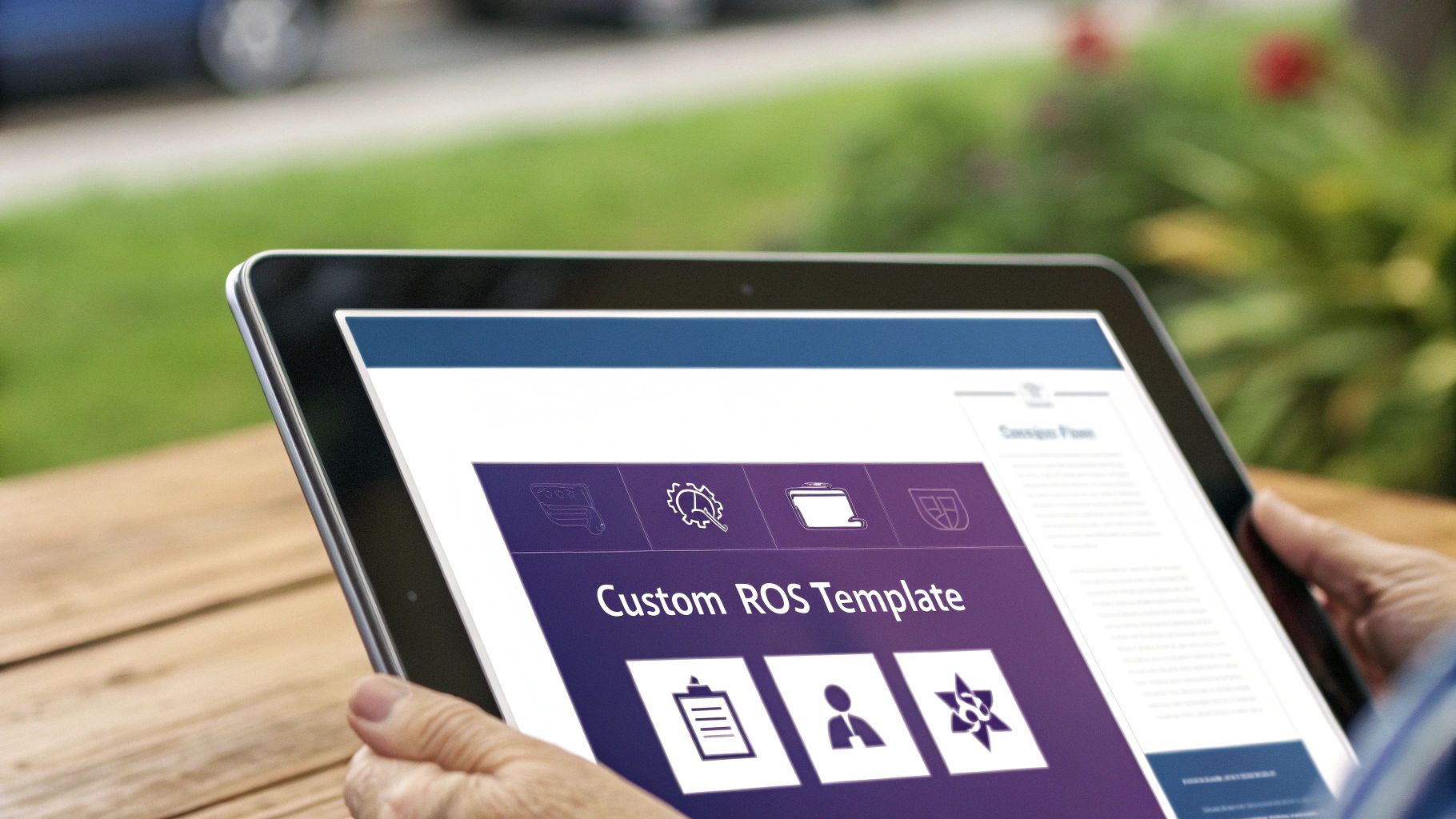 A person holds a tablet displaying a 'Custom ROS Template' webpage with icons, outdoors on a wooden table.