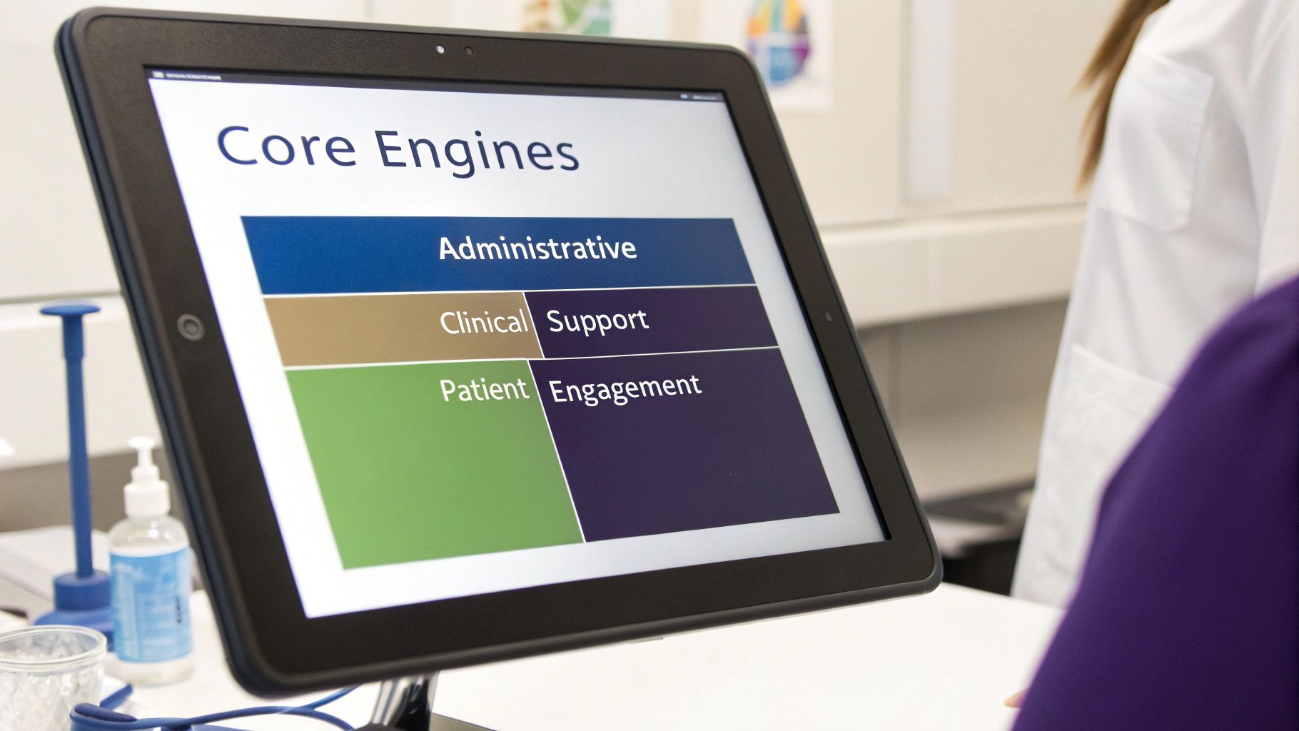 A tablet displays a 'Core Engines' presentation about administrative, clinical, patient, and support, and engagement aspects.