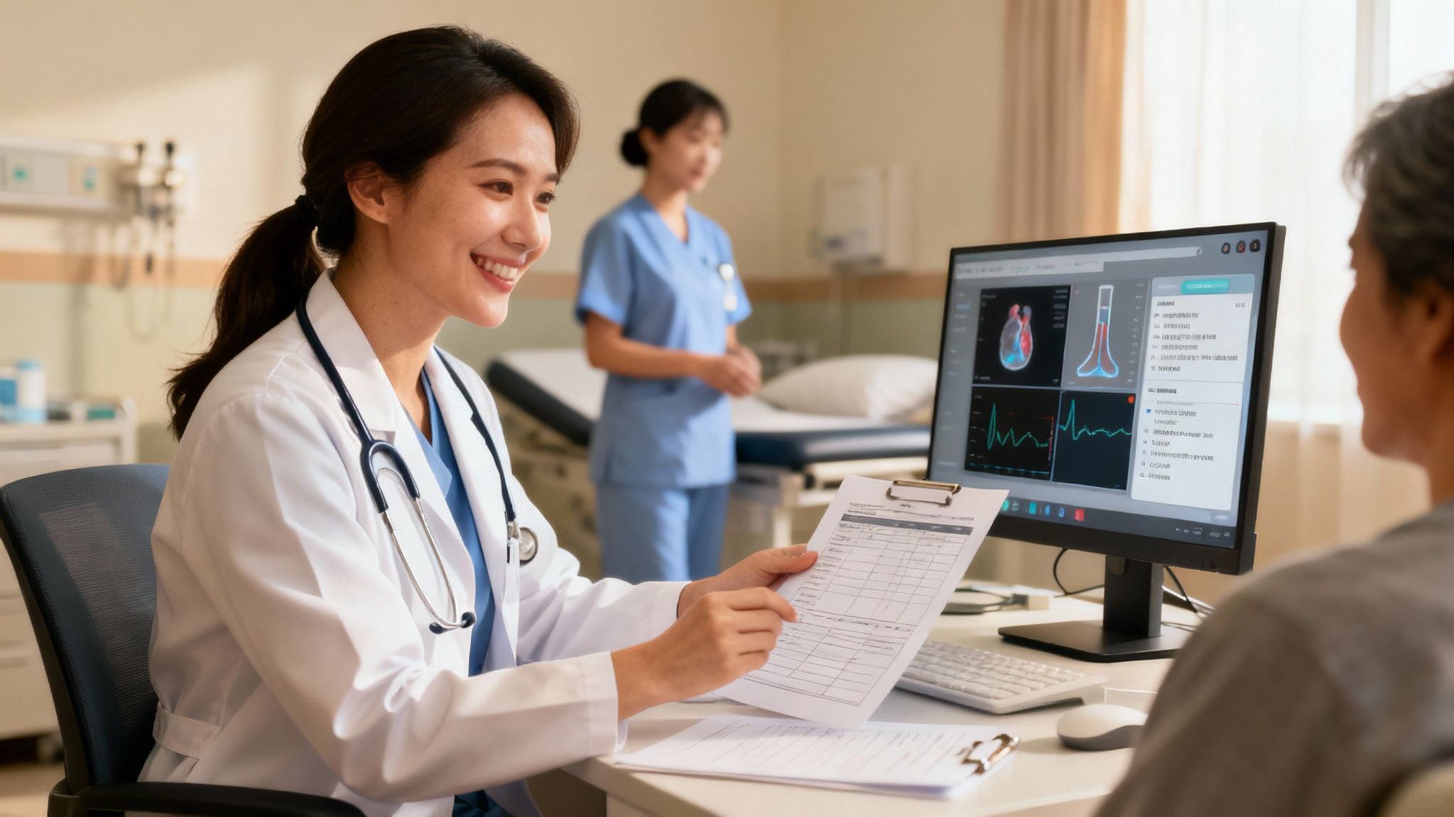 A medical team collaborates using integrated data on a tablet and desktop computers in a modern clinic.