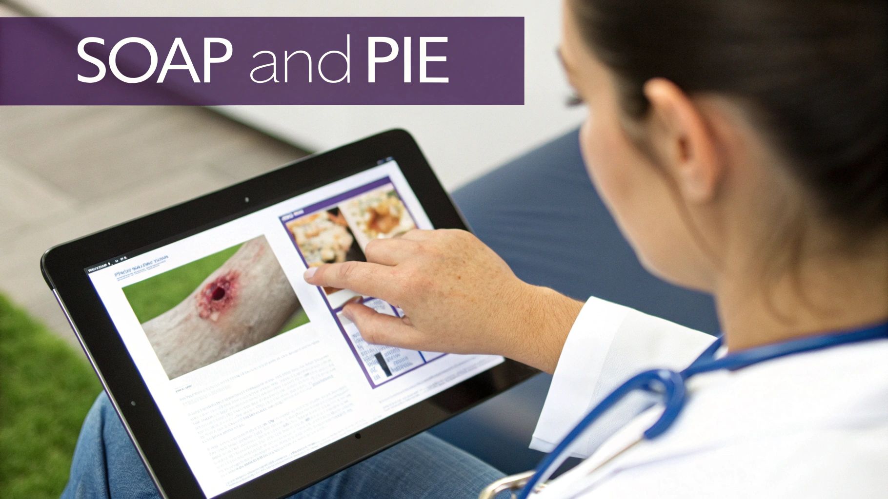 A healthcare professional views medical content on a tablet, including images of a wound, with 'SOAP and PIE' text.