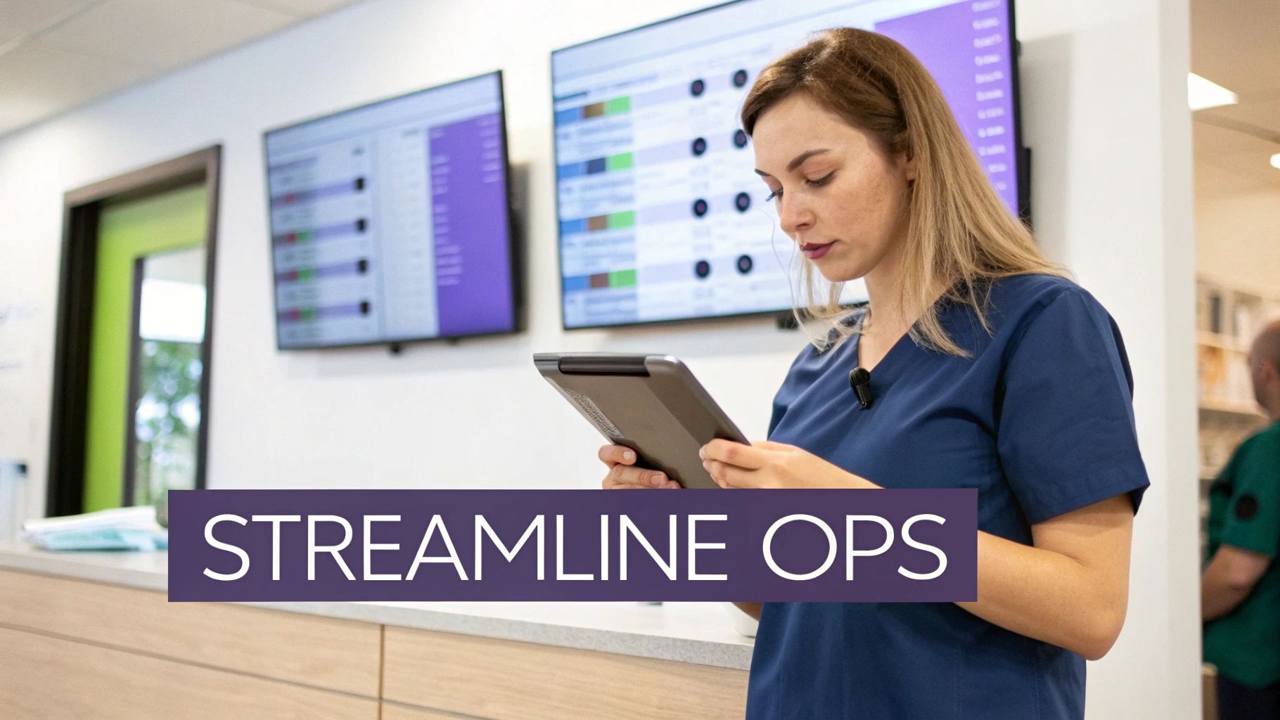 A healthcare professional in blue scrubs uses a tablet in a clinic with digital display boards.