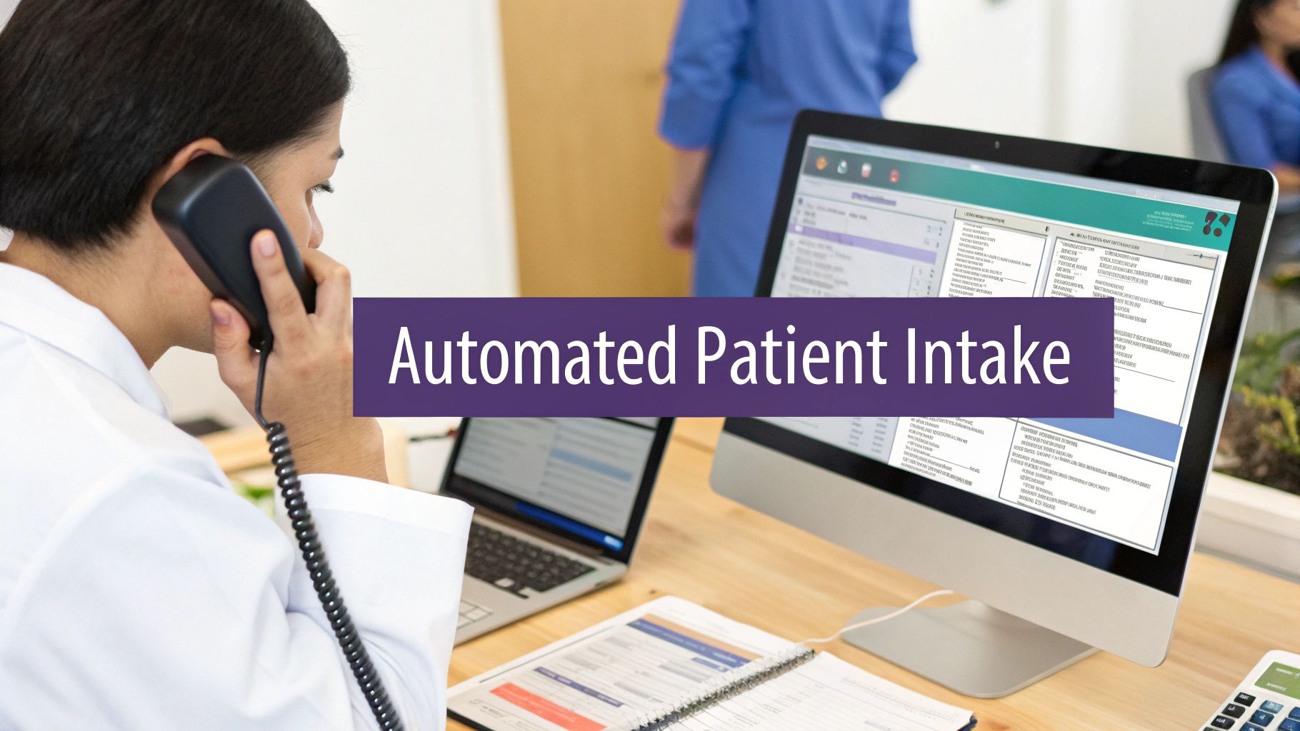 A healthcare professional on the phone at a desk with computers, displaying automated patient intake software.