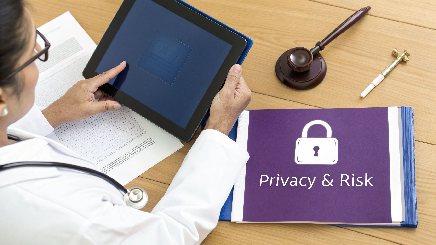 A doctor reviews privacy and risk information on a tablet next to a gavel and binder.