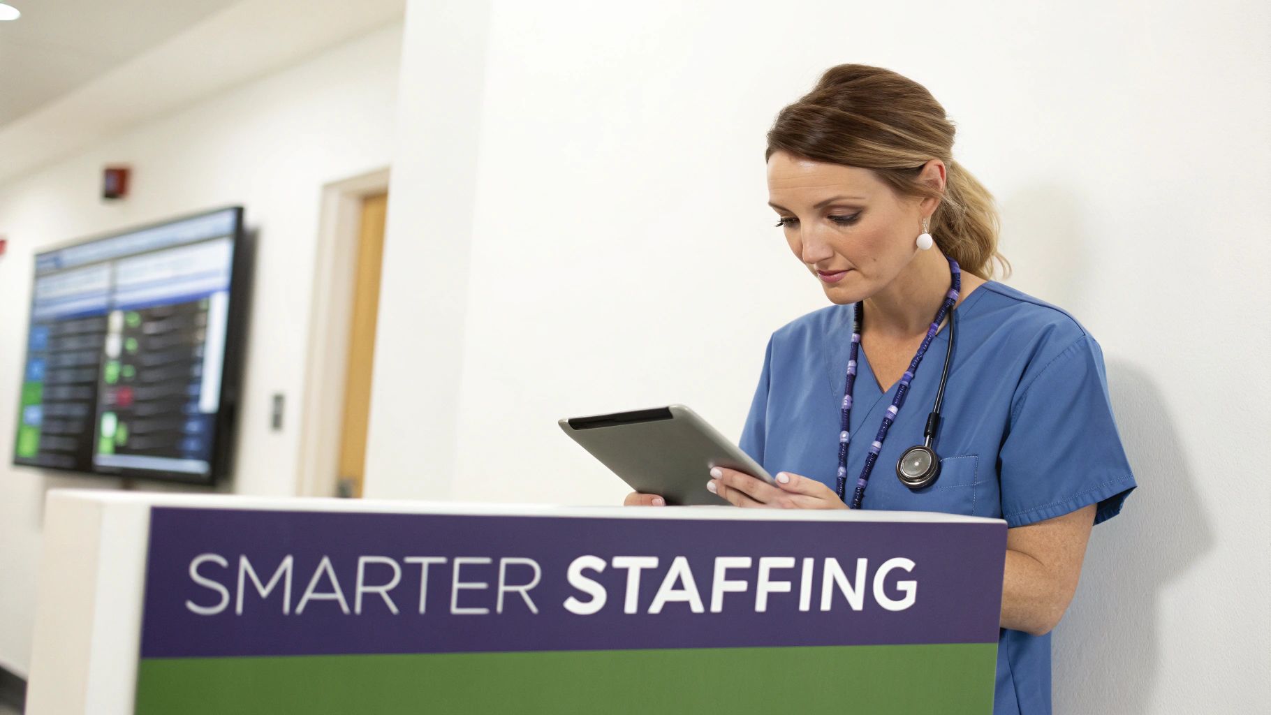 A nurse in blue scrubs uses a tablet in a modern hospital, standing by a 'Smarter Staffing' sign.