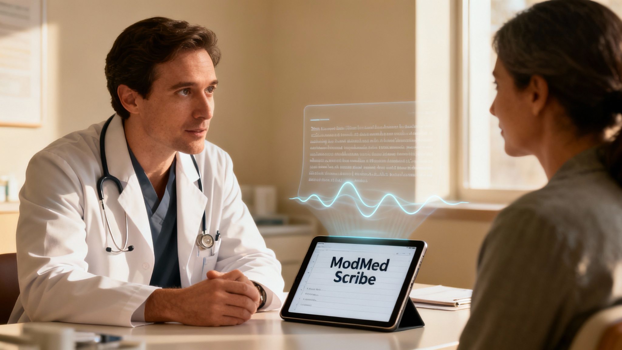 A male doctor uses ModMed Scribe on a tablet with holographic AI transcription during a patient consultation.
