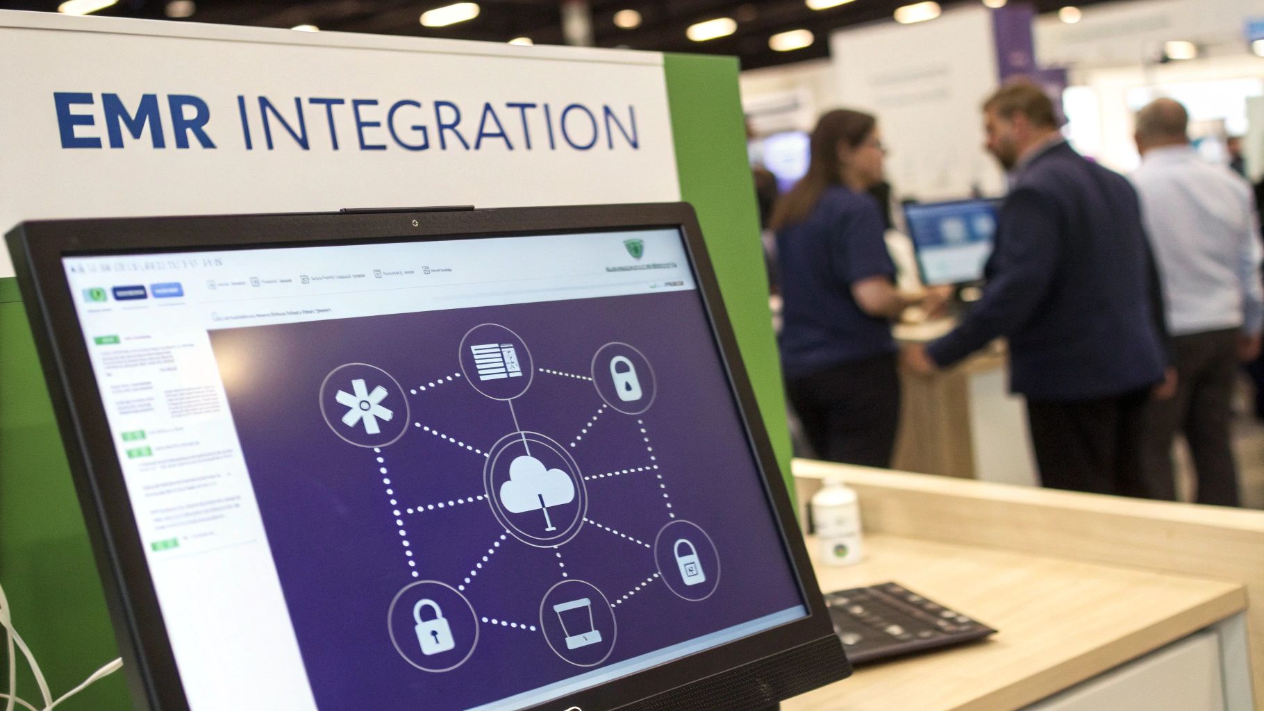 A close-up of a monitor displaying EMR integration concepts with a cloud and network icons at a healthcare event.