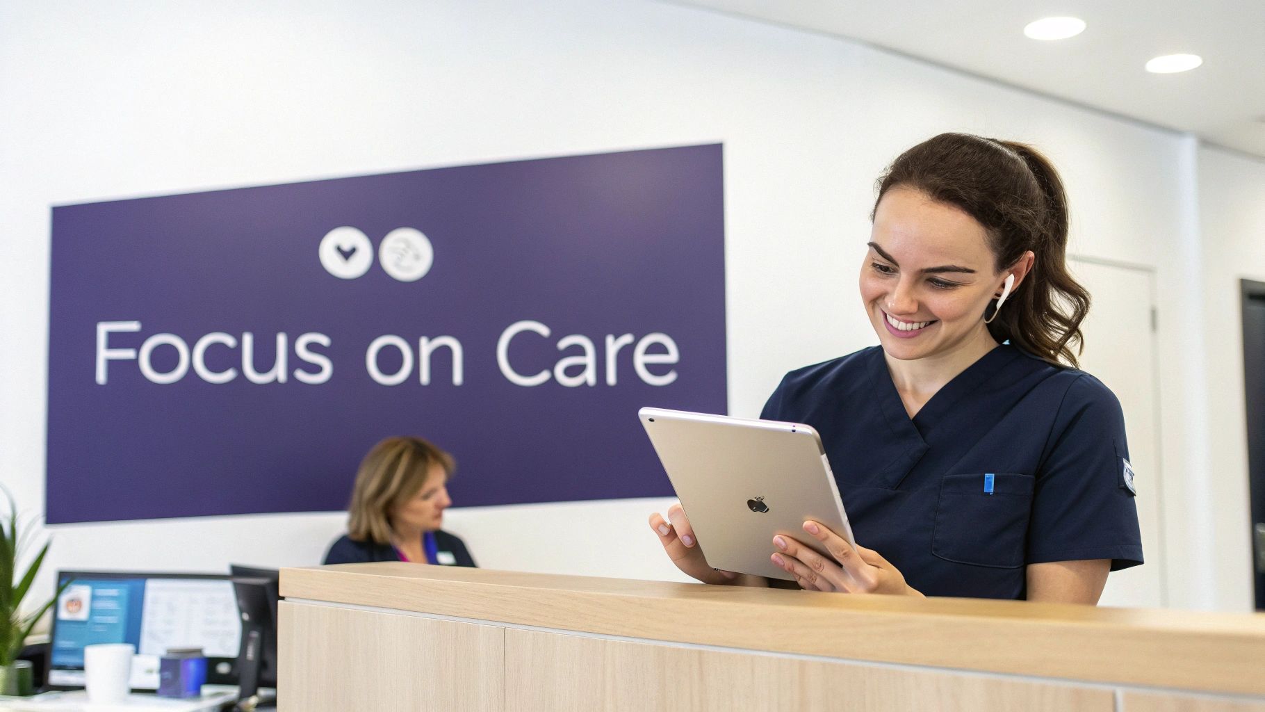 A smiling healthcare worker in blue scrubs uses a tablet at a reception desk with a "Focus on Care" sign.