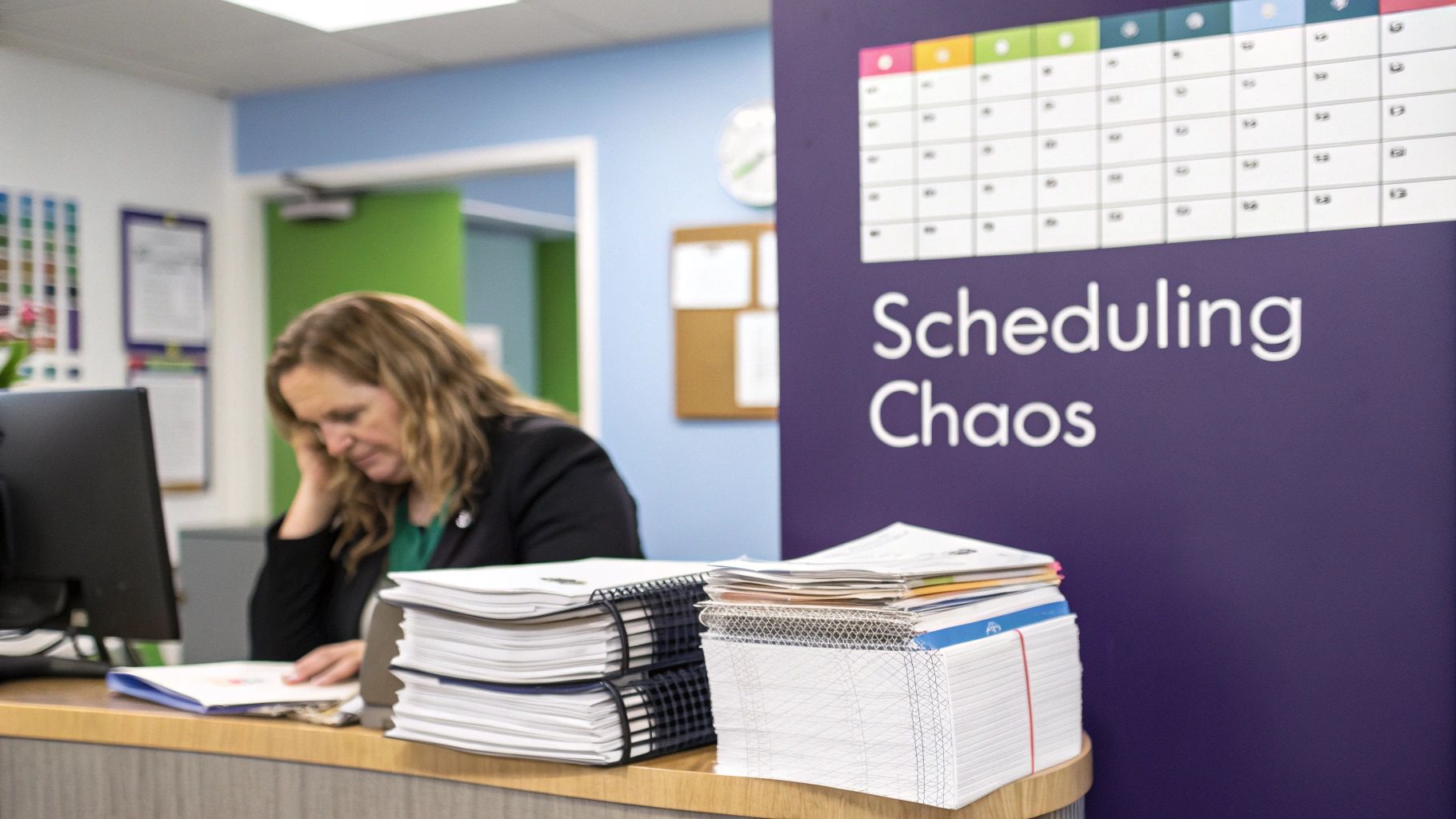 An overwhelmed woman sits at a desk piled with papers, next to a sign reading 'Scheduling Chaos'.