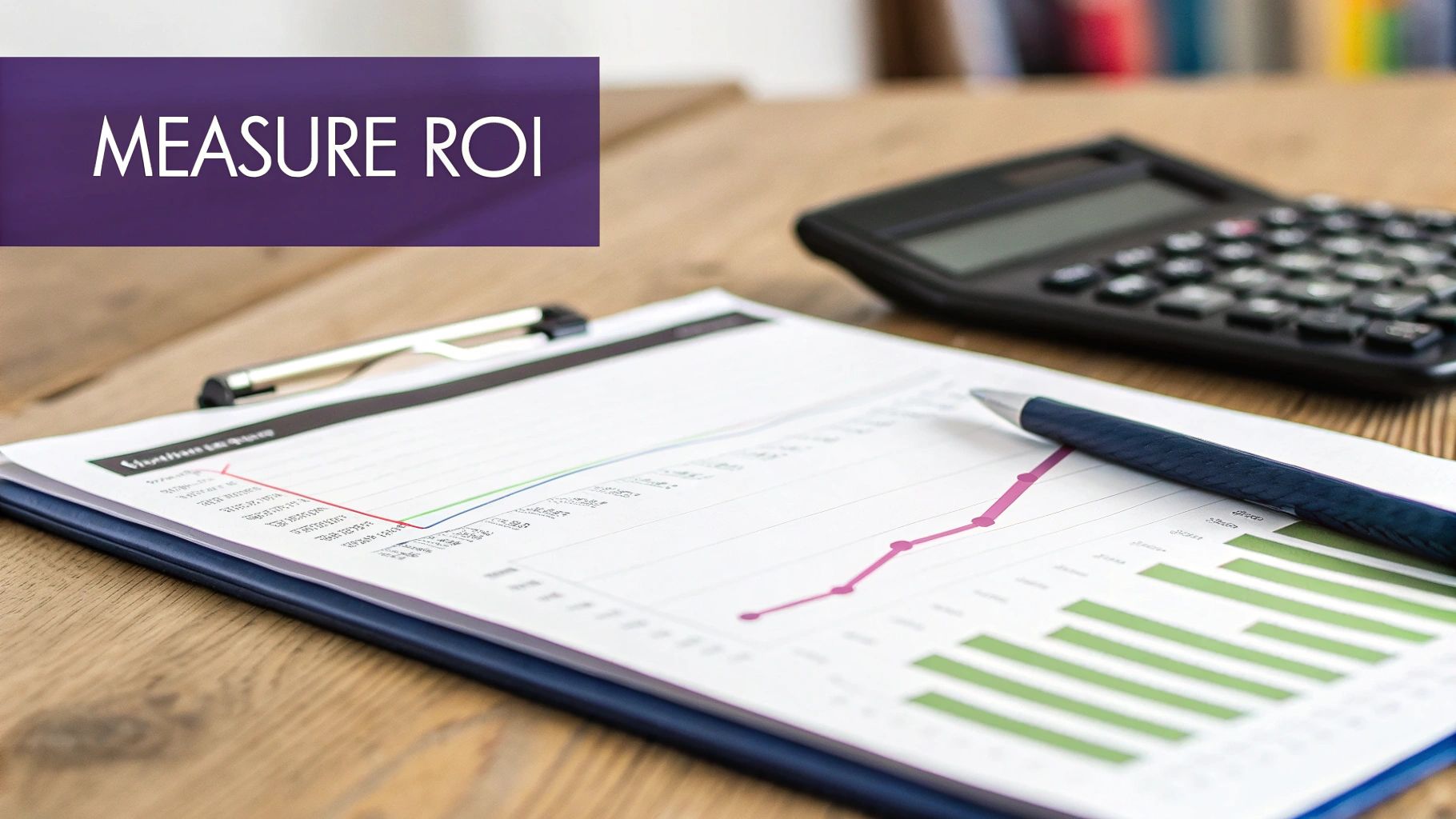 A desk with a financial report showing graphs, a calculator, a pen, and text 'MEASURE ROI'.
