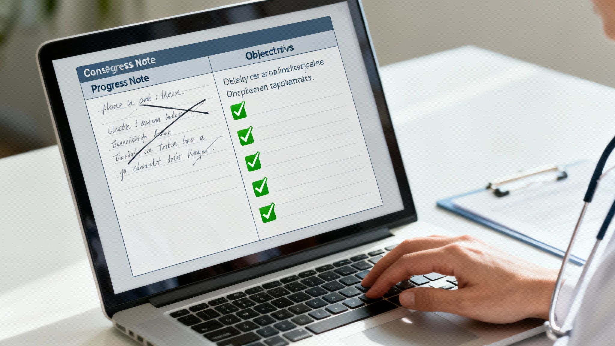 Person typing progress notes on laptop with objectives checklist and handwritten notes visible on screen
