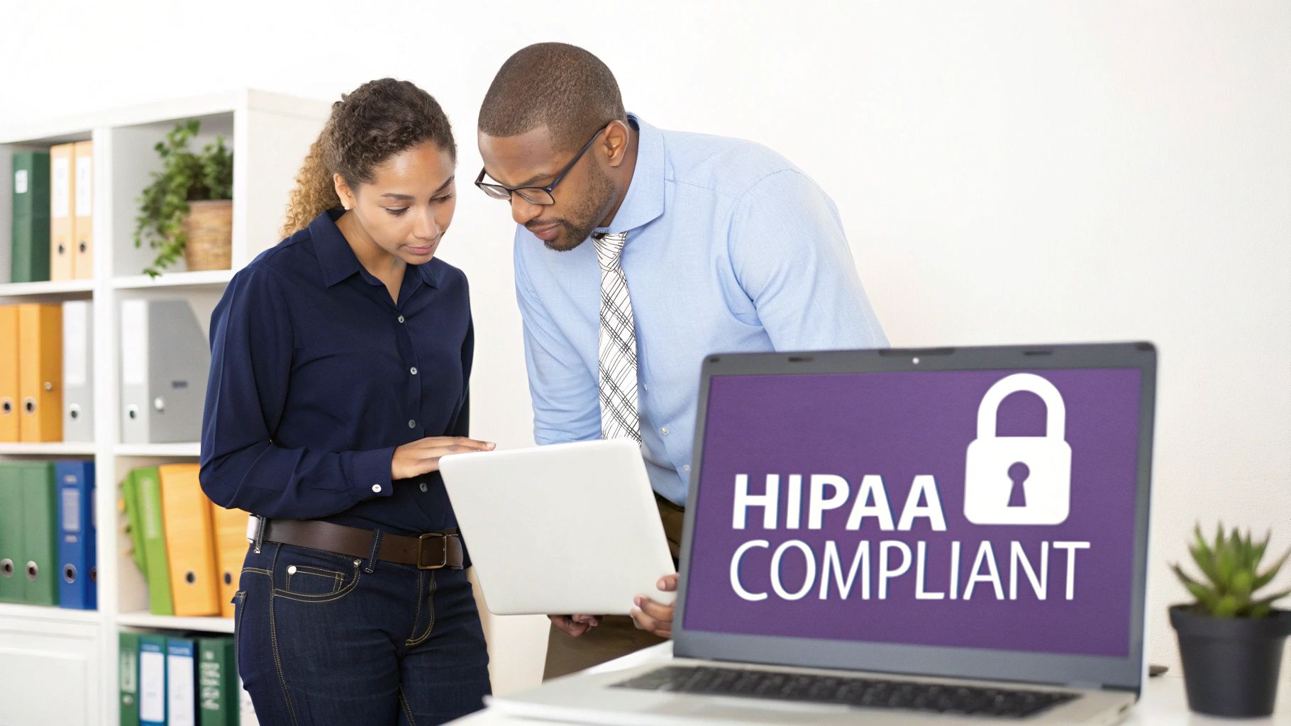 Two professionals review data on a laptop, with another laptop displaying 'HIPAA COMPLIANT' and a padlock icon.