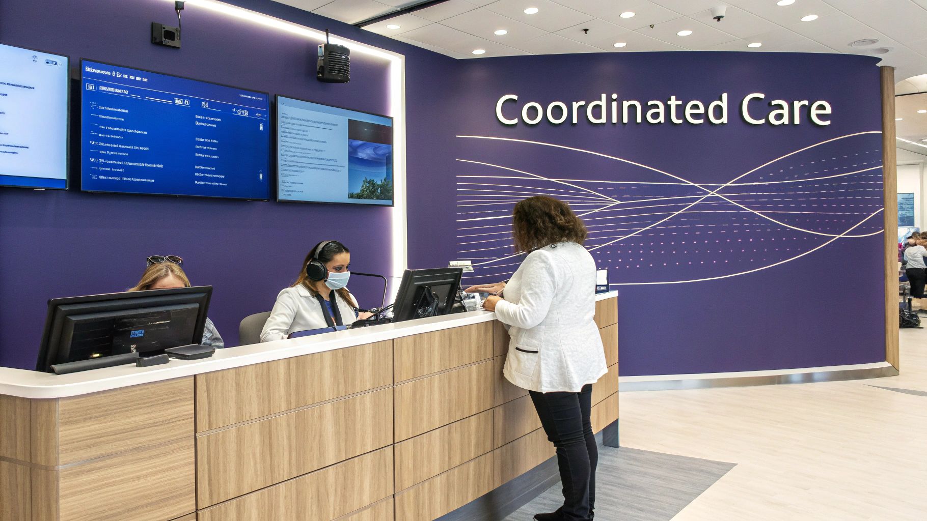 A modern healthcare reception desk with staff assisting a customer under a 'Coordinated Care' sign.