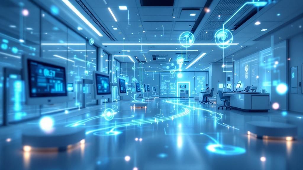 A diverse group of patients and doctors interacting in a modern, bright healthcare facility.