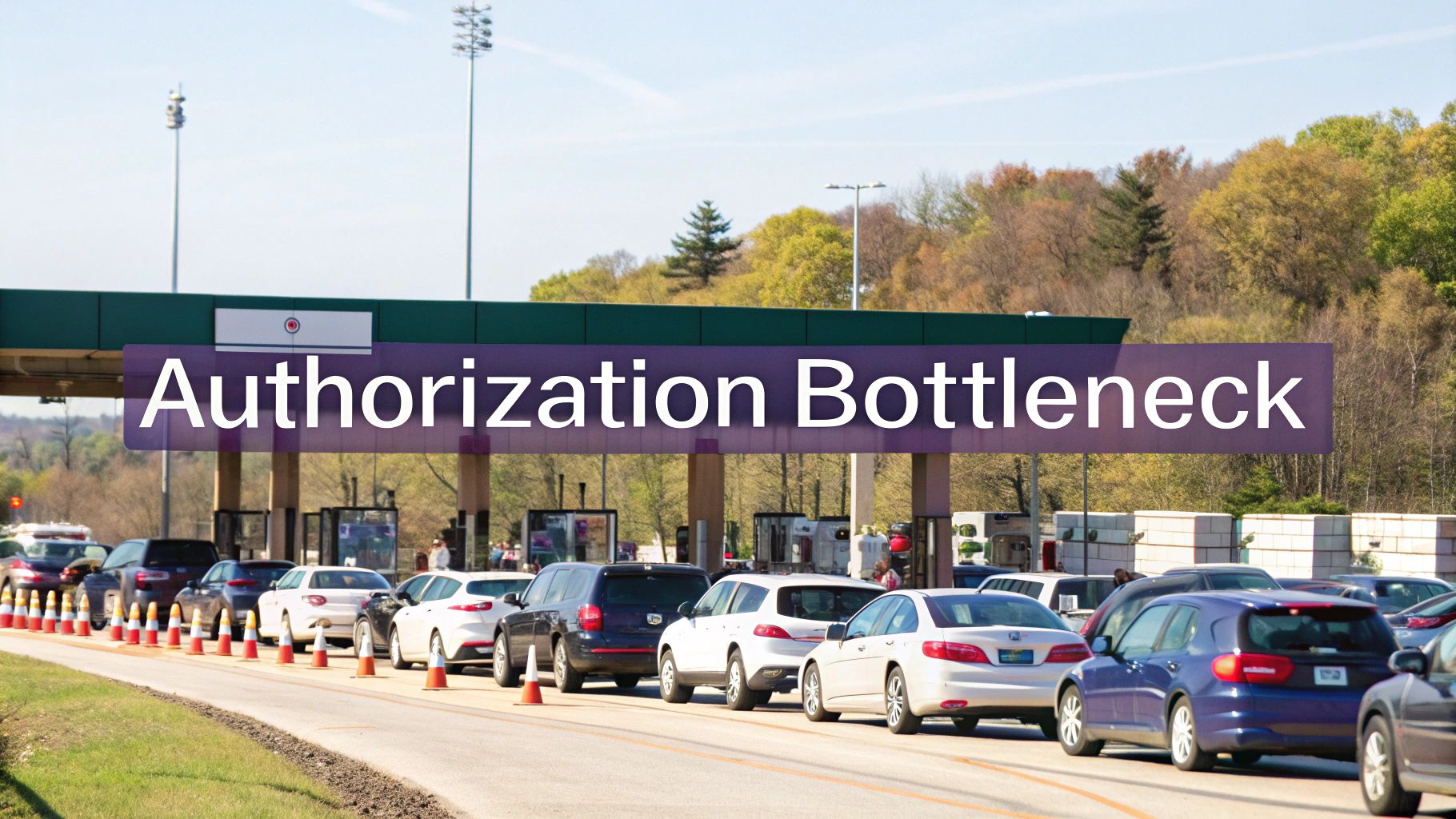 Long queues of cars waiting at a multi-lane checkpoint under an 'Authorization Bottleneck' sign.