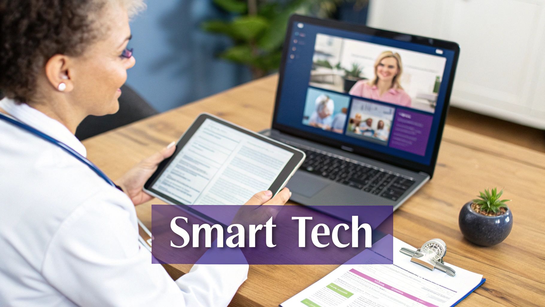 A doctor uses a tablet and laptop for a telehealth consultation, emphasizing smart healthcare technology.