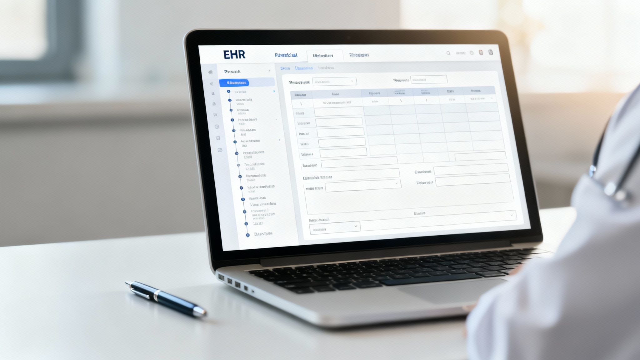 A medical professional interacting with a patient's electronic health record on a large screen in a modern clinical setting.