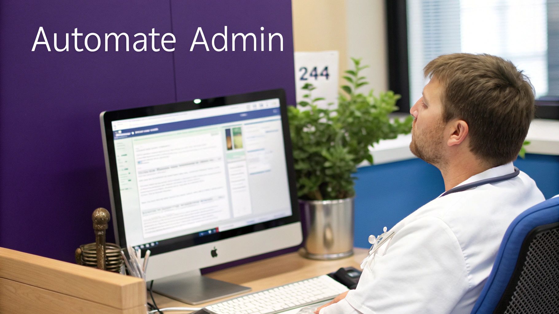 A healthcare professional uses a computer for administrative tasks, with 'Automate Admin' text overlay.