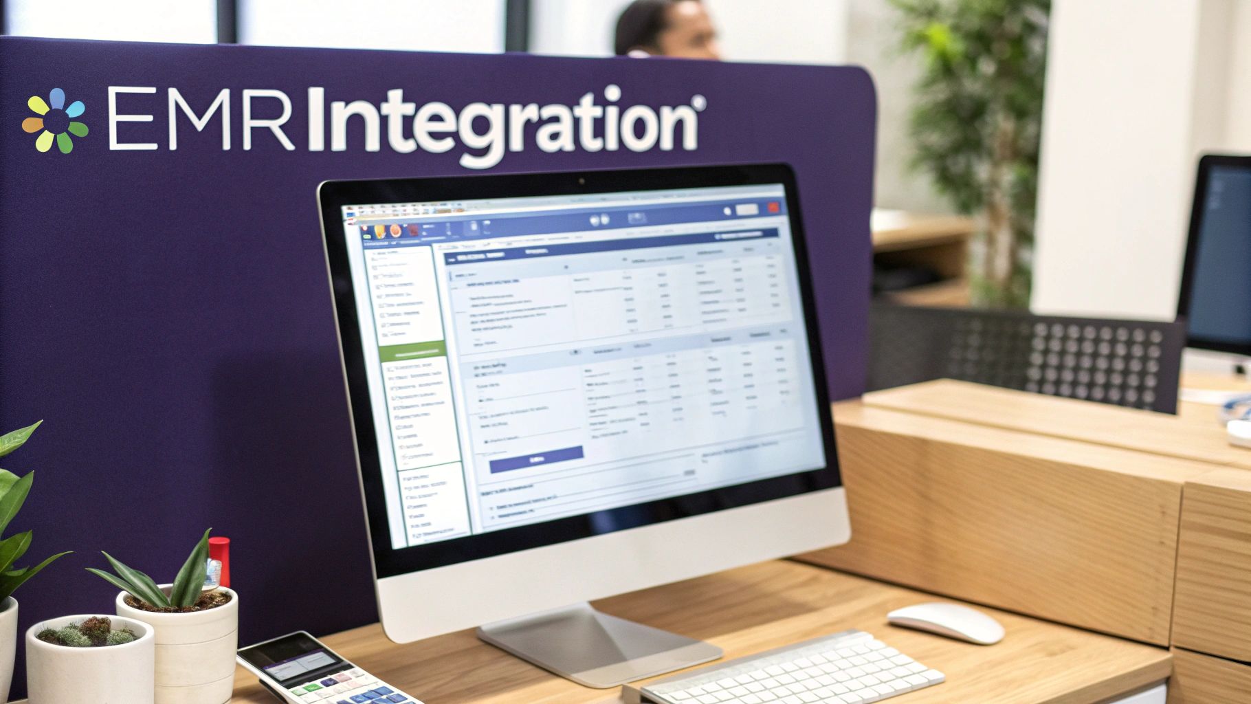 A modern office desk with a computer displaying EMR integration software and a purple partition.
