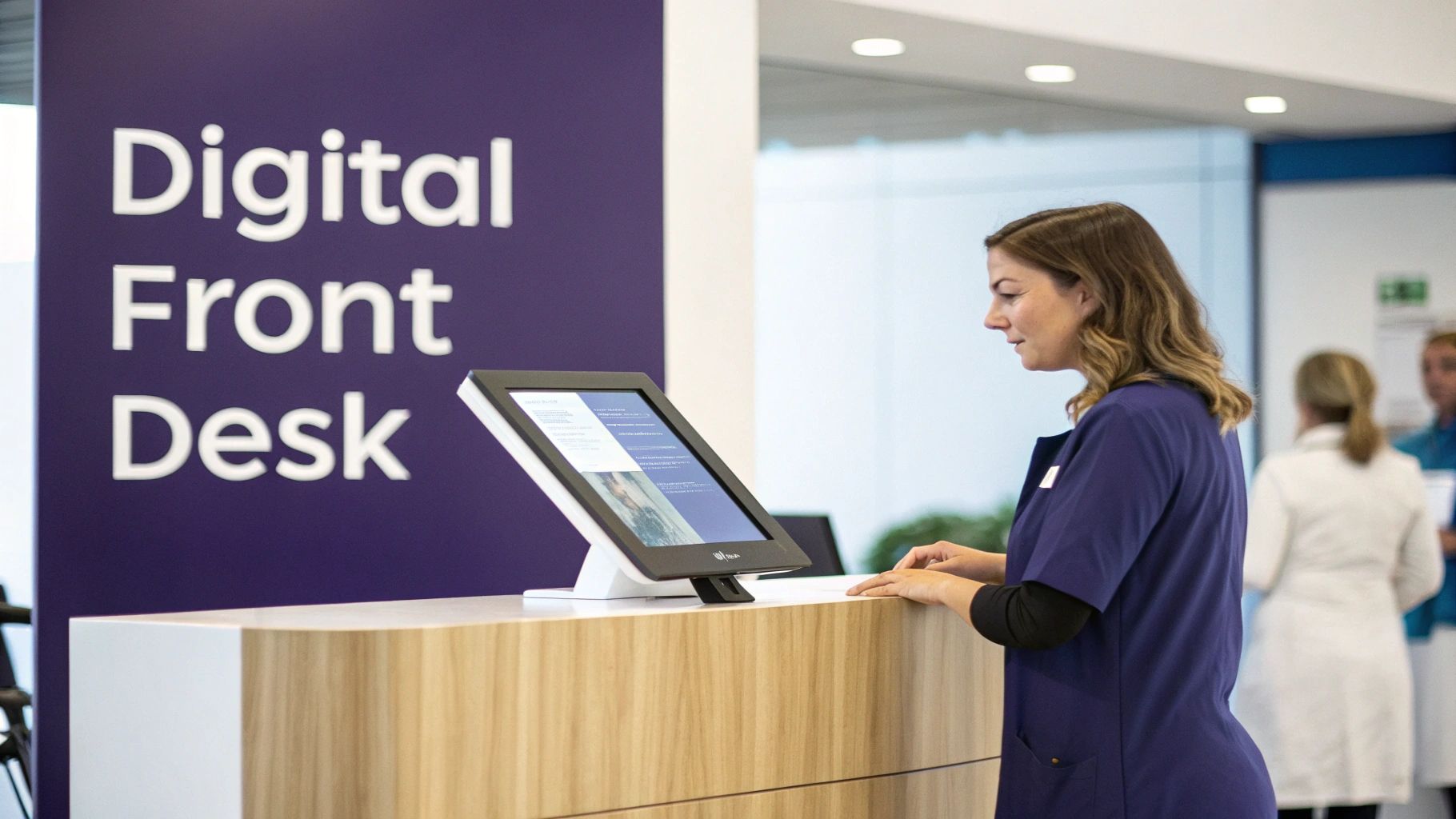 A healthcare professional uses a digital touchscreen kiosk at a modern clinic's front desk.