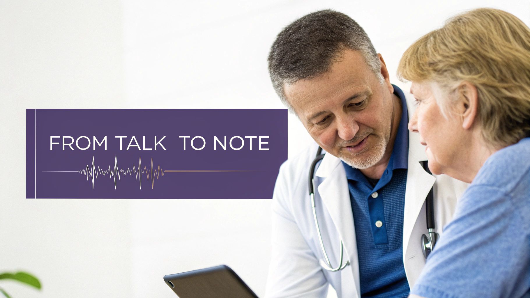 A male doctor in a lab coat looks at a tablet while speaking with an older female patient, with a 'FROM TALK TO NOTE' banner.