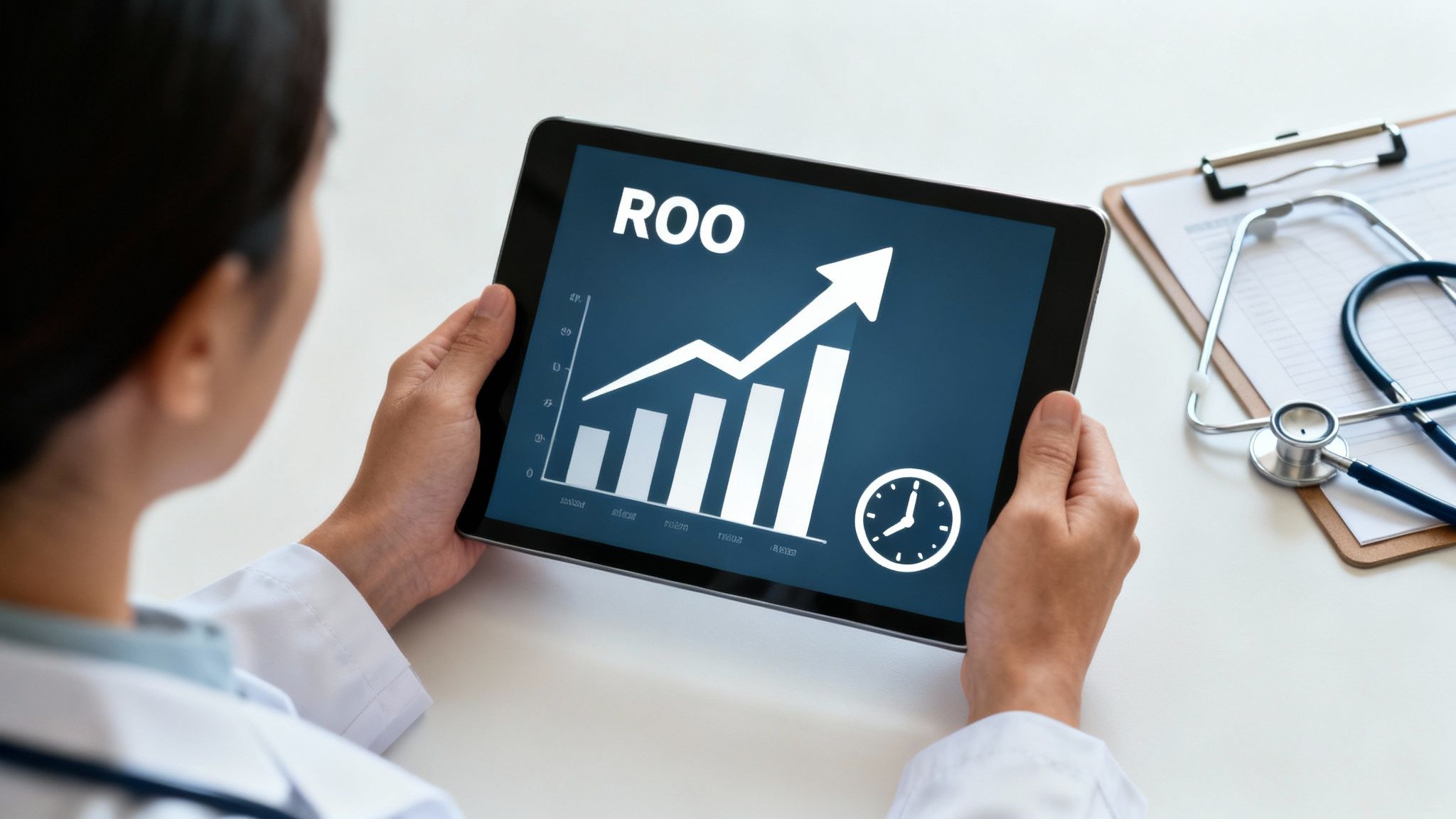 A healthcare professional analyzing charts and graphs on a tablet, symbolizing the financial benefits and ROI of medical scribing.