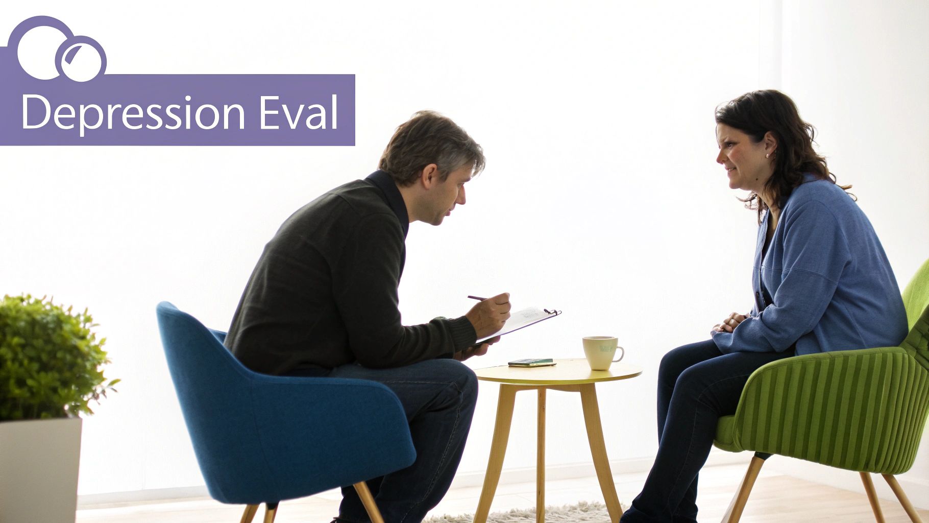 A therapist takes notes while a patient discusses a depression evaluation in a bright room.