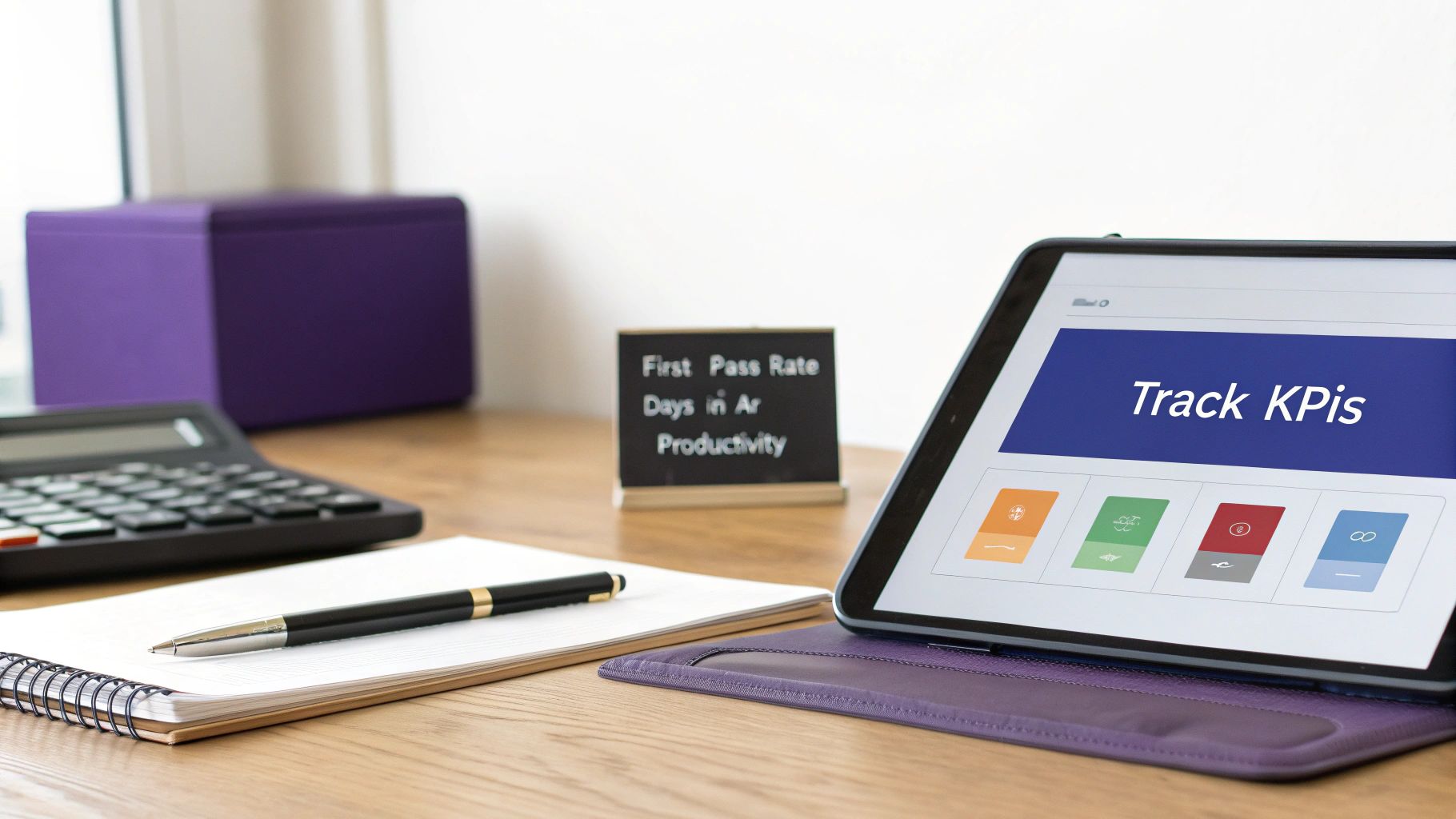 A desk with a calculator, notebook, a sign about productivity metrics, and a tablet tracking KPIs.