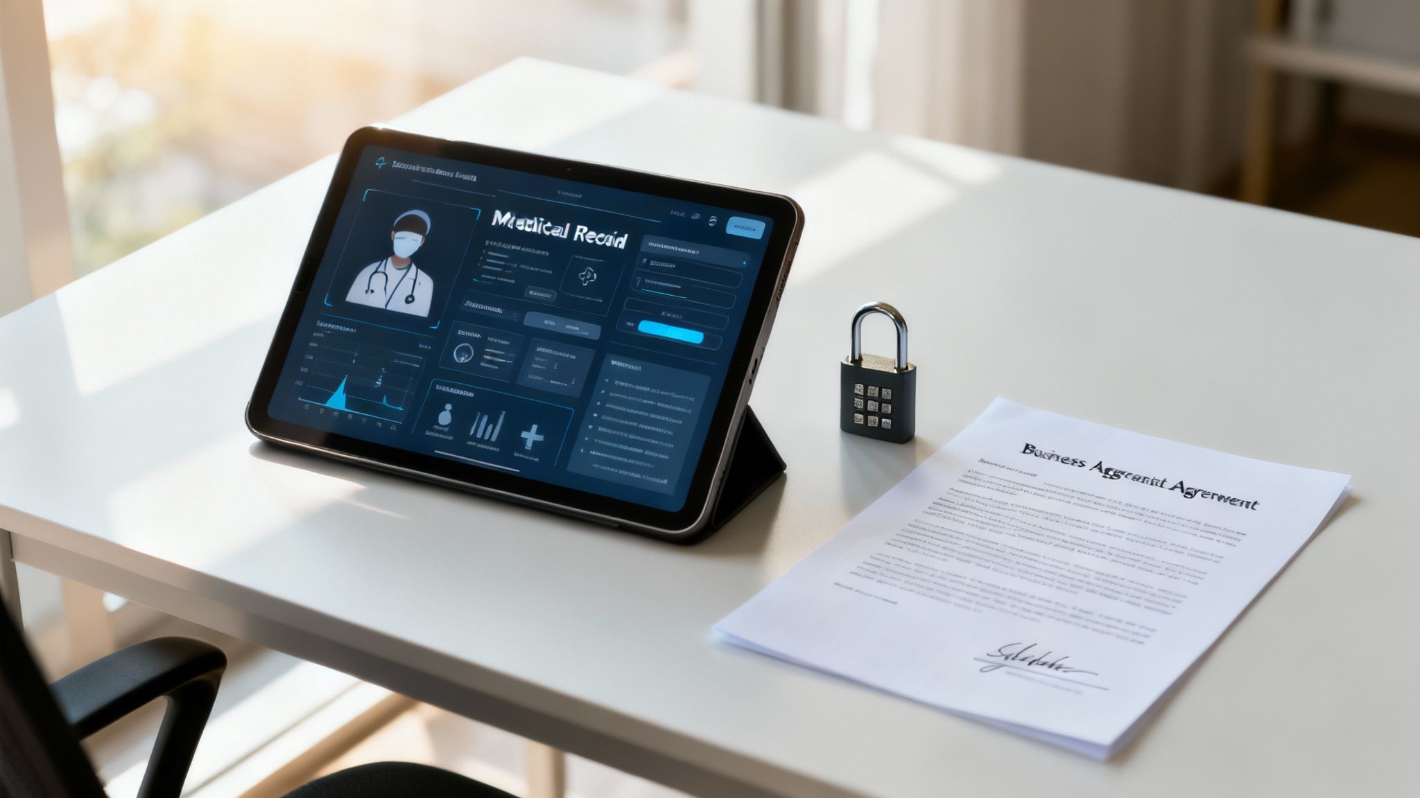 A tablet showing a medical record, a padlock, and a business agreement on a white desk, emphasizing data security.