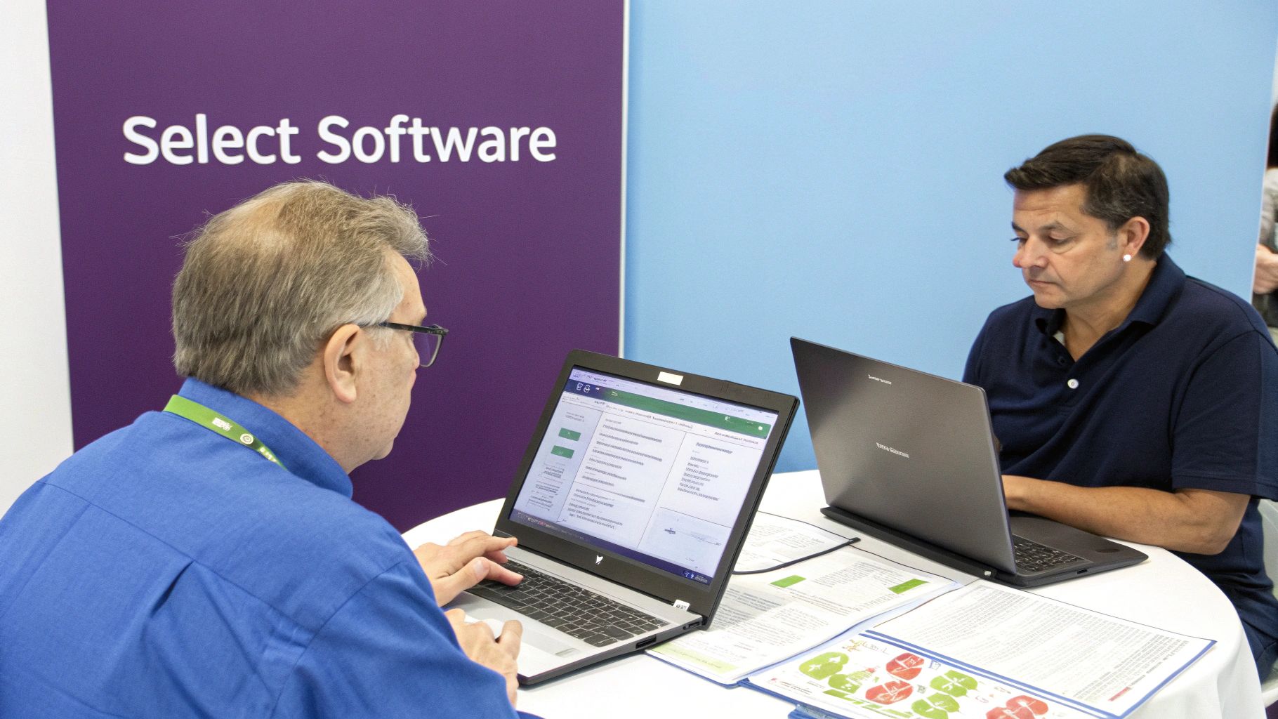Two men use laptops at a 'Select Software' booth, likely discussing technology or business solutions.