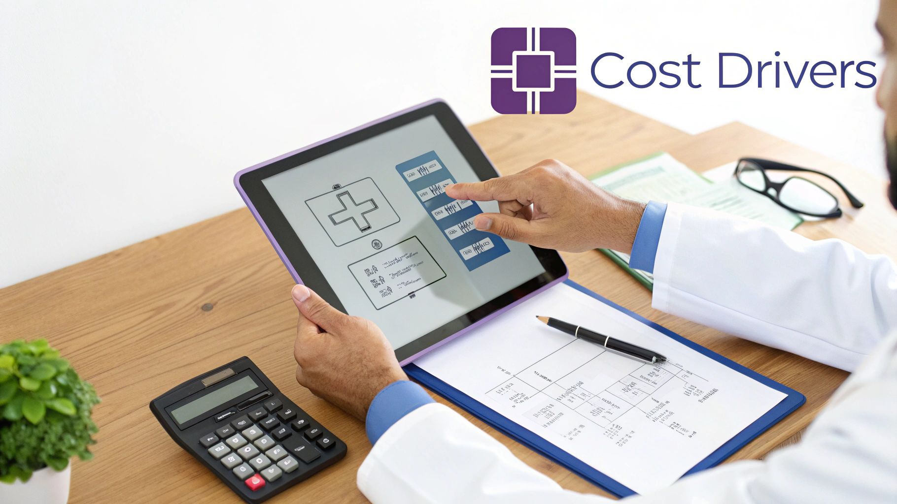 A healthcare professional analyzes cost drivers on a tablet, with a calculator and documents on a desk.