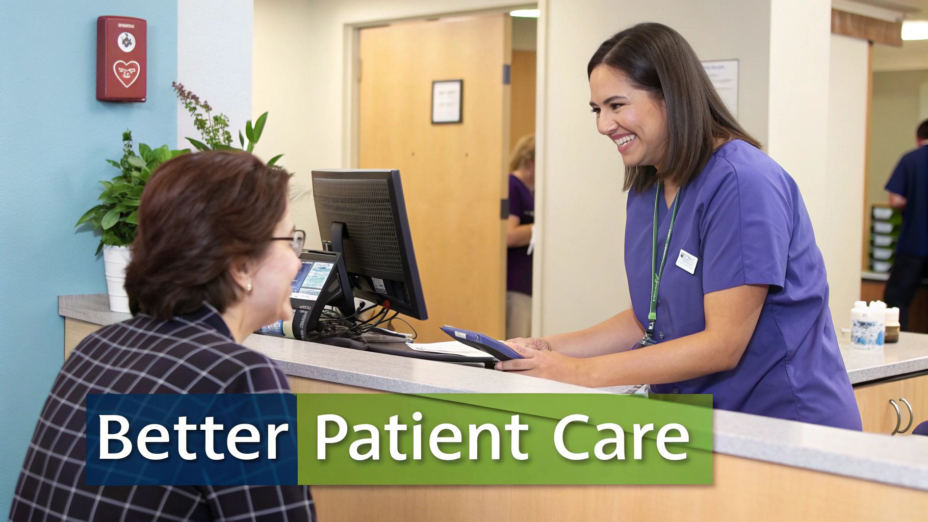 A smiling nurse in purple scrubs assists a patient at a modern hospital reception desk.
